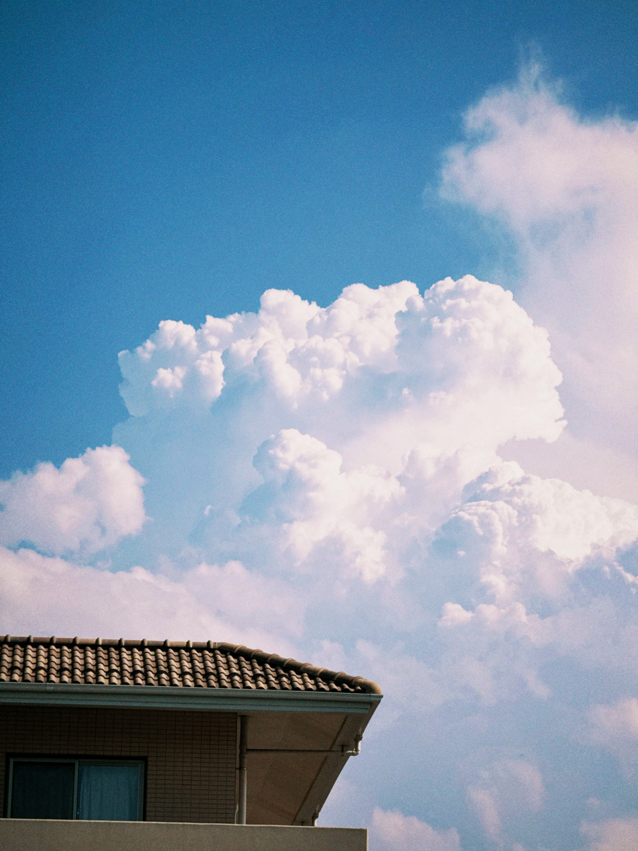 夏の青空にそびえる大きな入道雲と静かな屋根