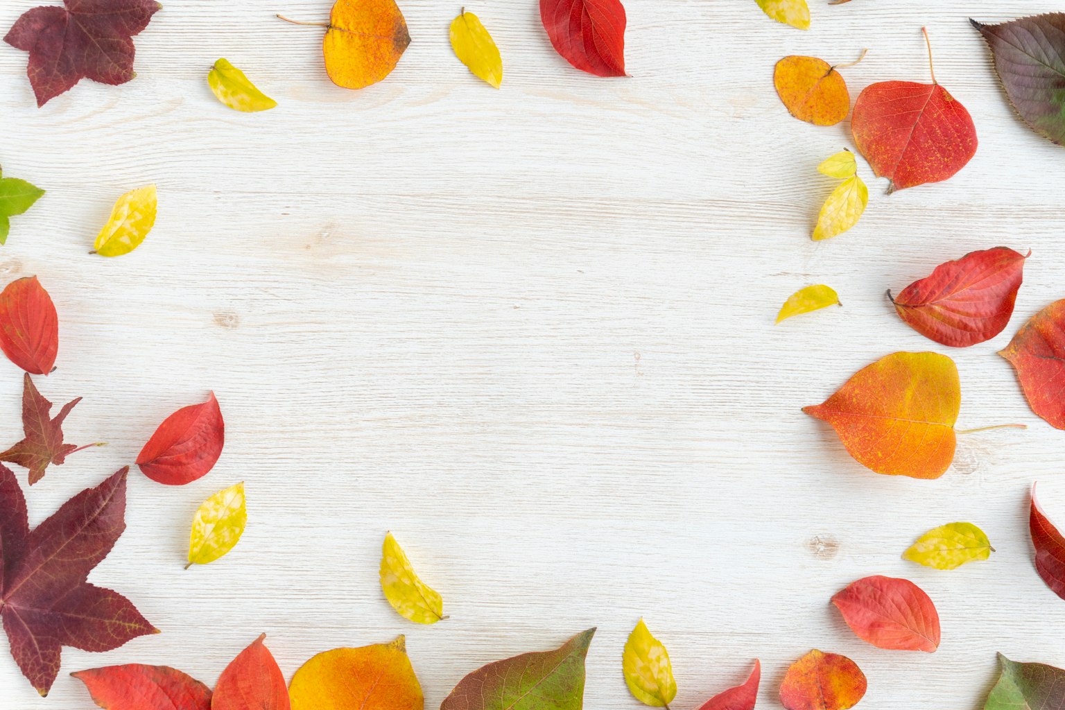Feuilles d'automne colorées éparpillées sur une table en bois
