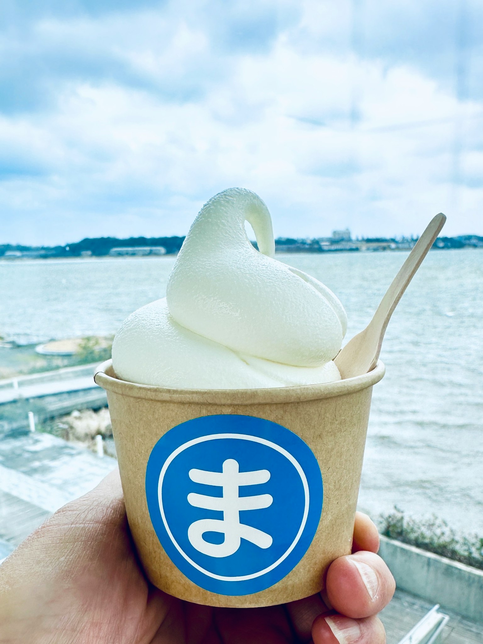 A hand holding a cup of white soft serve ice cream with a blue logo against a seaside background