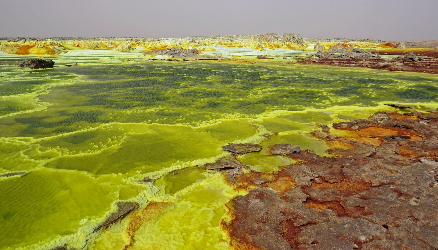 A vibrant landscape of yellow and green contrasting salt flats in a desert environment