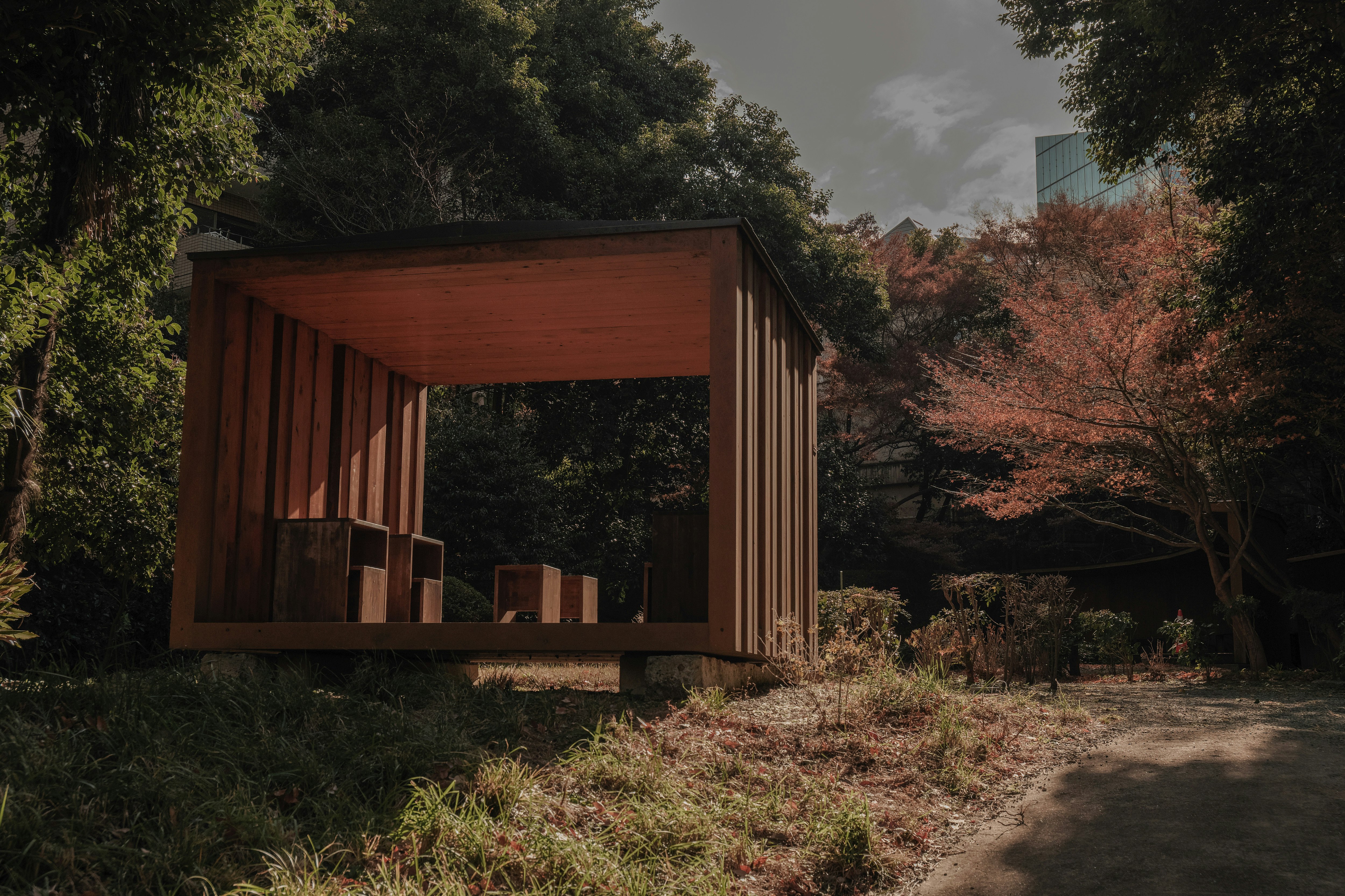 公園の木製BOX型の小さな建物と芝生の小道