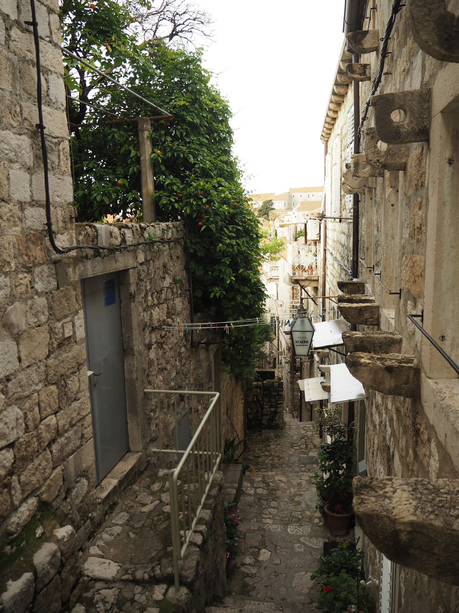 Narrow cobblestone alley with stone buildings and greenery