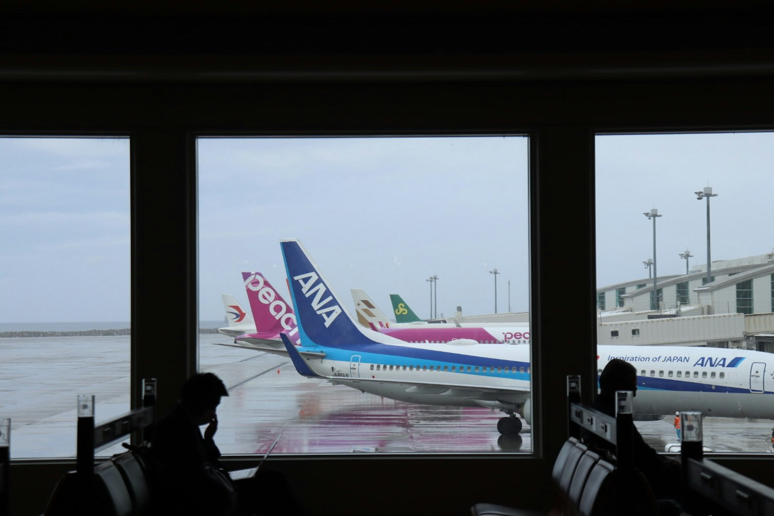 View of ANA and other airline planes from an airport terminal