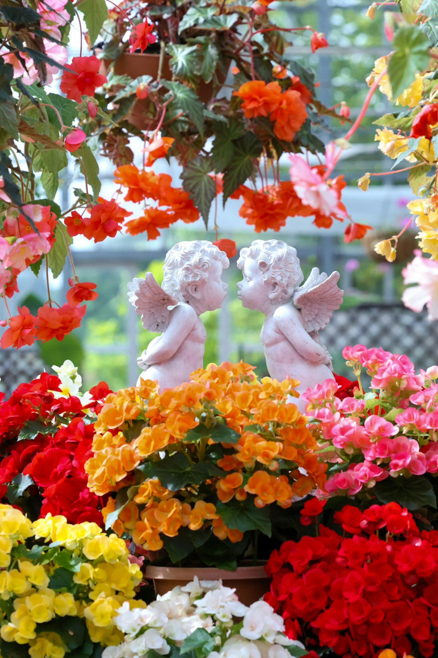 Zwei Engel-Statuen umgeben von lebhaften Blumen in verschiedenen Farben