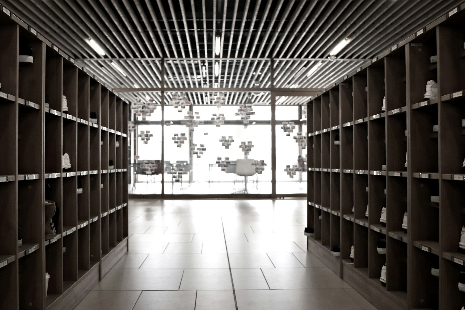 Modern indoor space with neatly arranged boxes on shelves