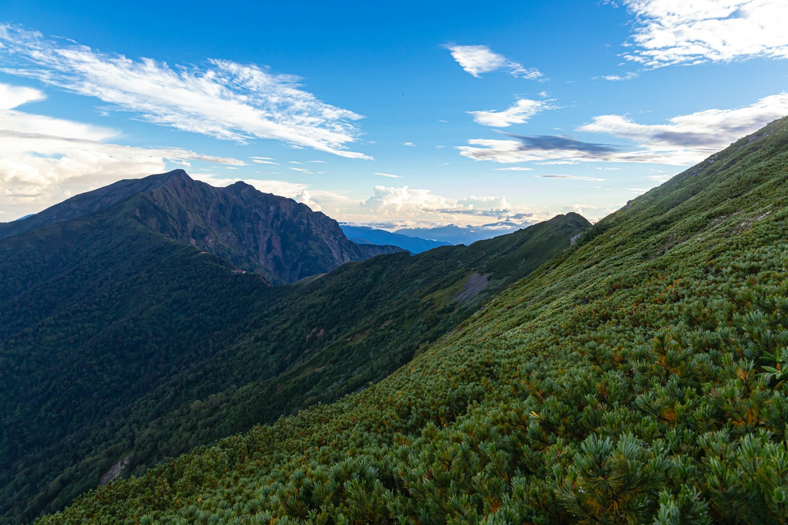 Paysage montagneux avec ciel bleu et nuages pentes vertes s'étendant au loin