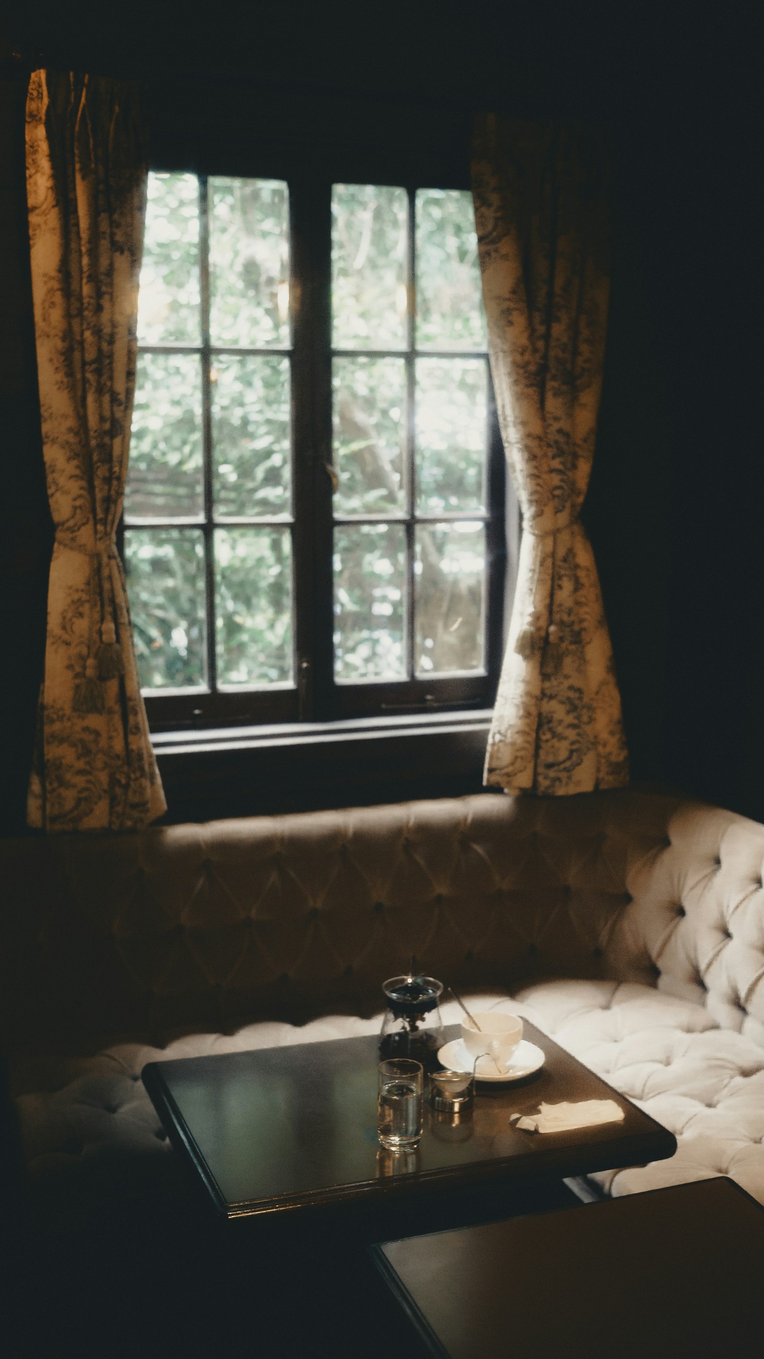 窓の外に緑が見える落ち着いたカフェの内部ソファとテーブル