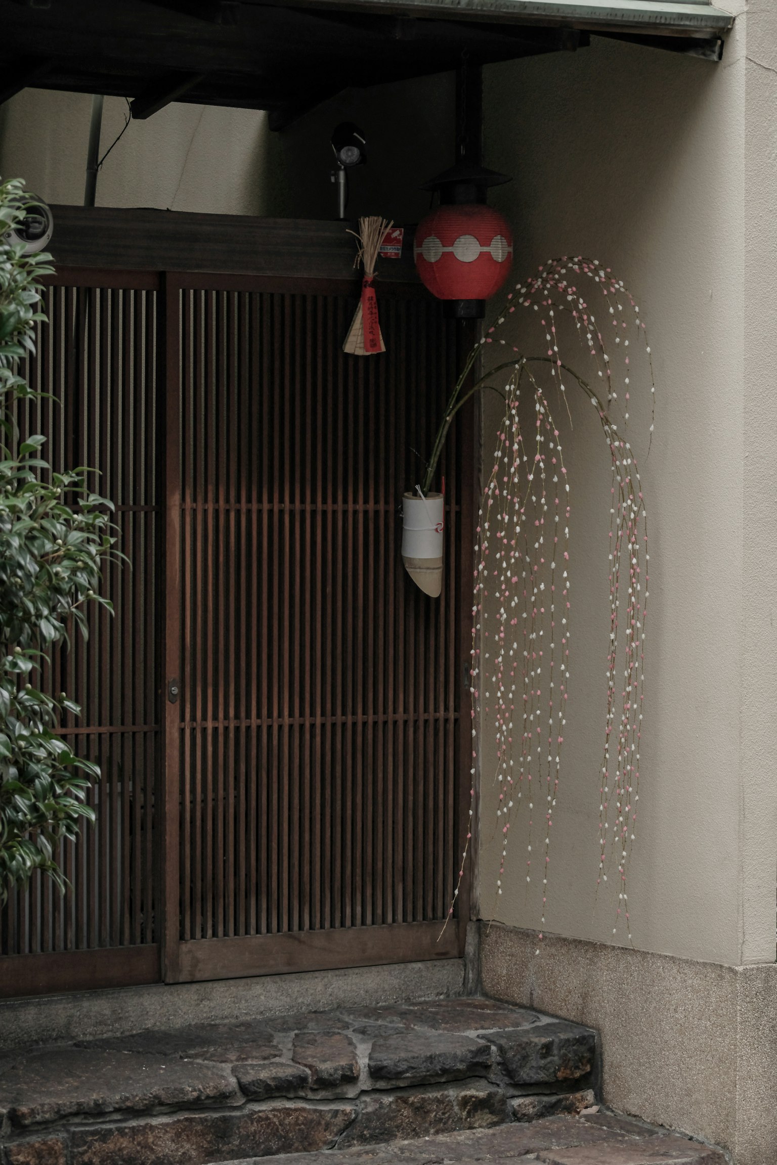 传统日本房屋入口木门绿色植物红灯笼和流水特色