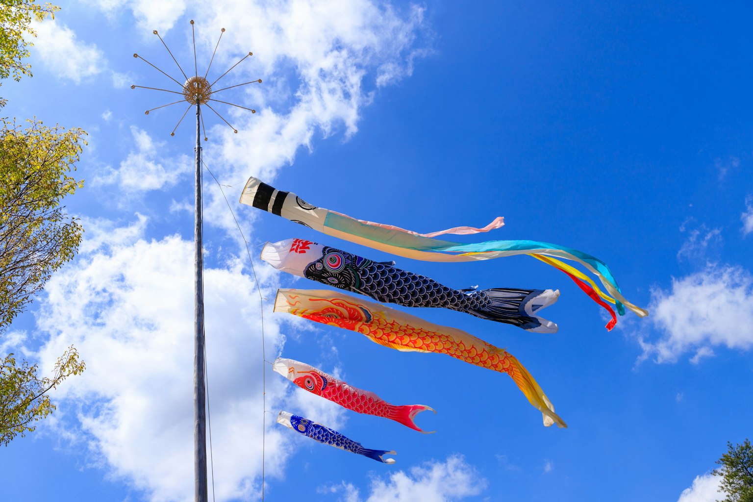 Koinobori che sventolano nella brezza sotto un cielo blu