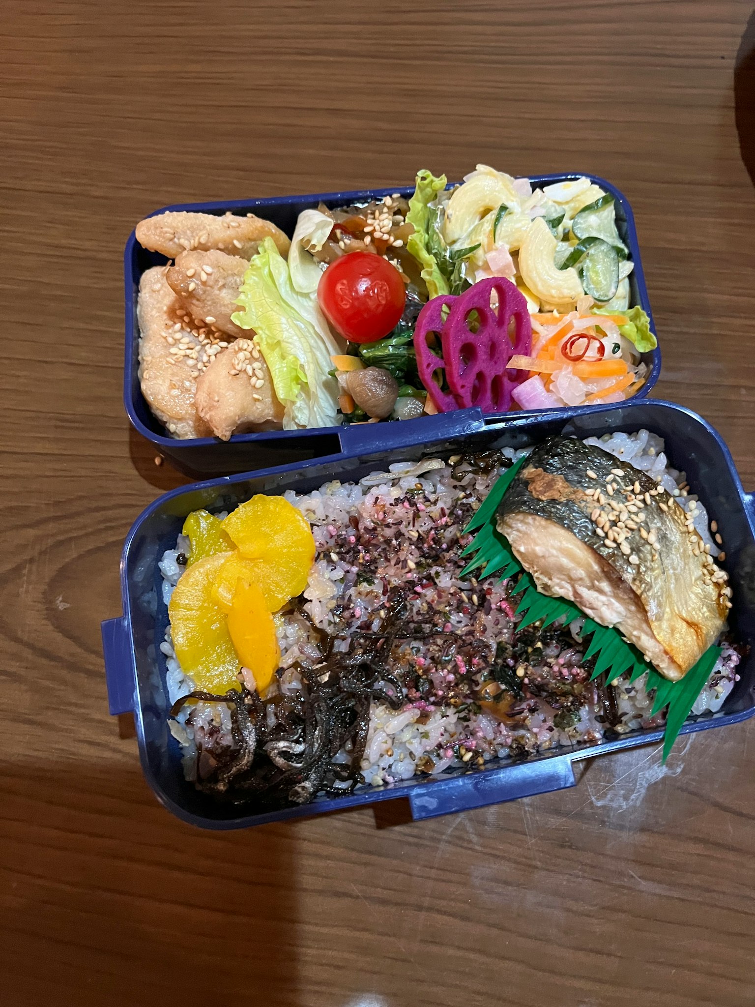 Hộp bento Nhật Bản đầy màu sắc với cá nướng salad và trái cây