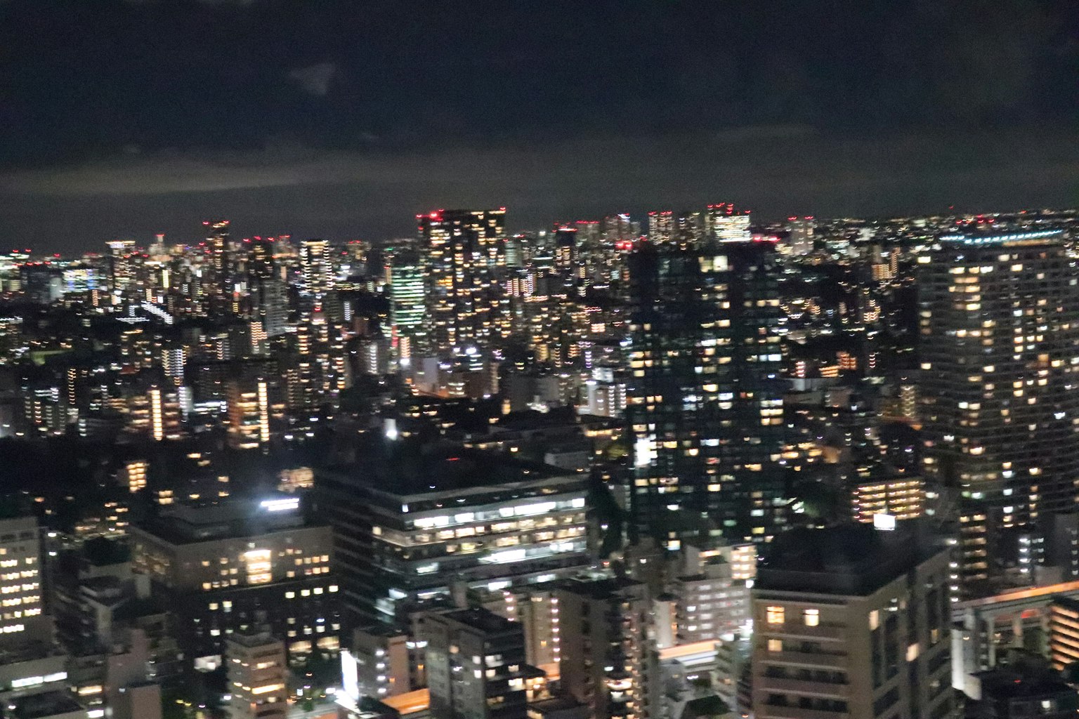 Night view of Tokyo skyline with illuminated skyscrapers