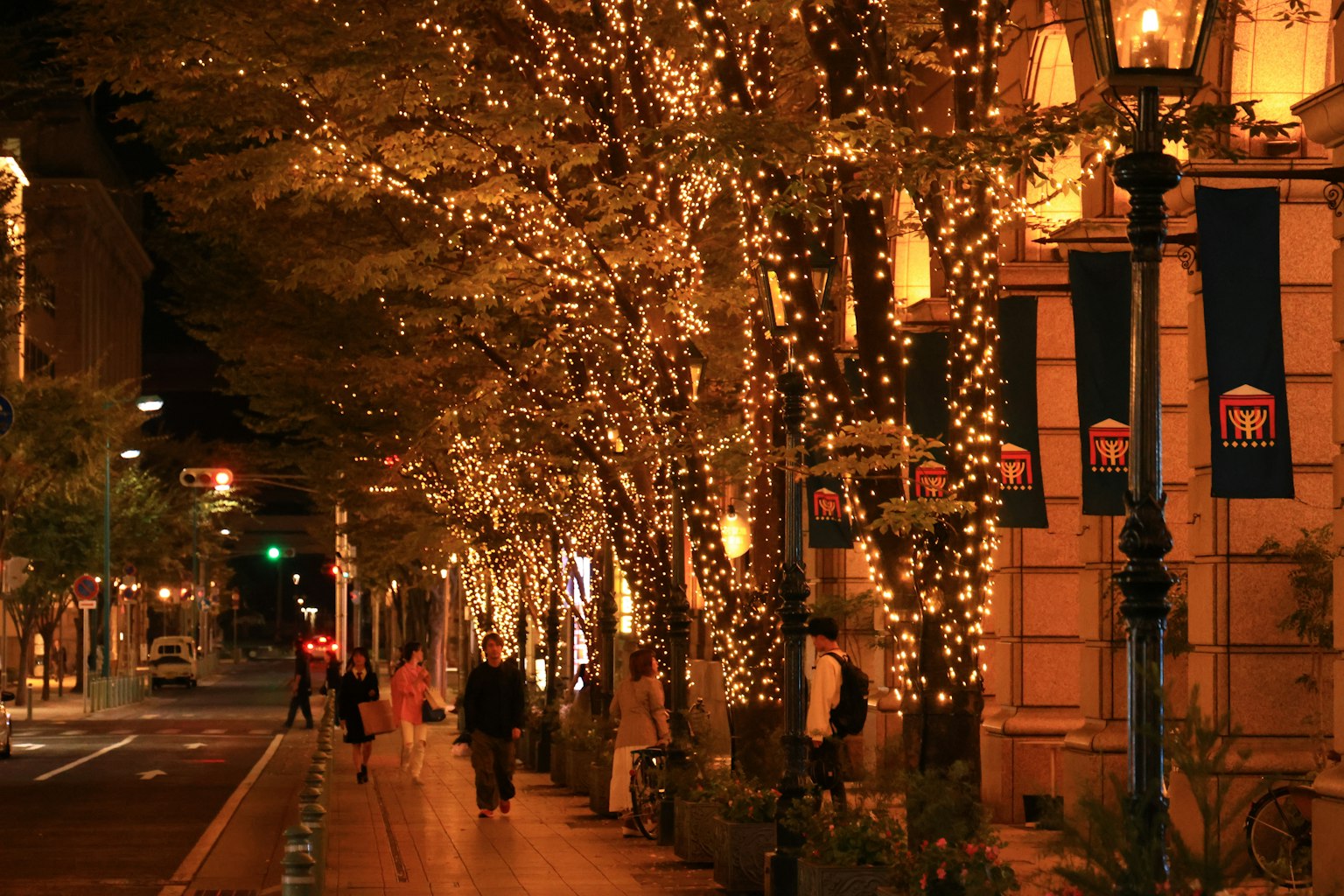 Una calle iluminada por luces decorativas en los árboles por la noche