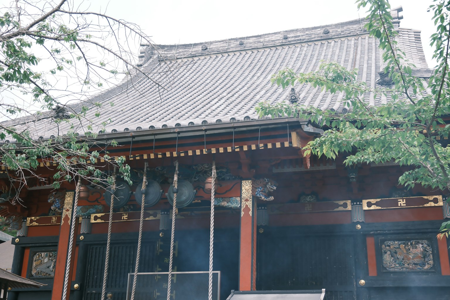 Traditional Japanese temple roof with intricate decorations