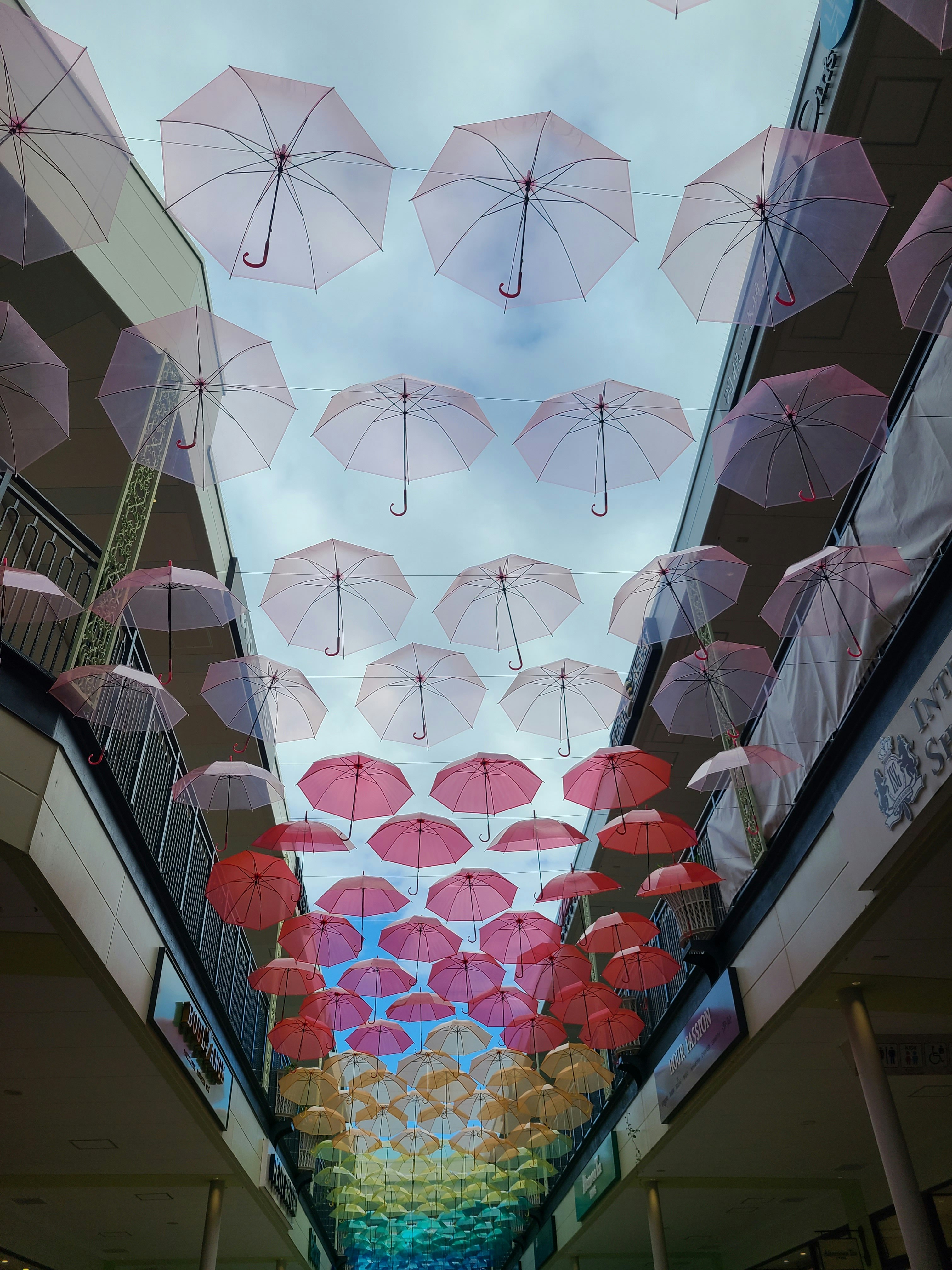 屋簷走廊上方懸掛的成排雨傘圖像