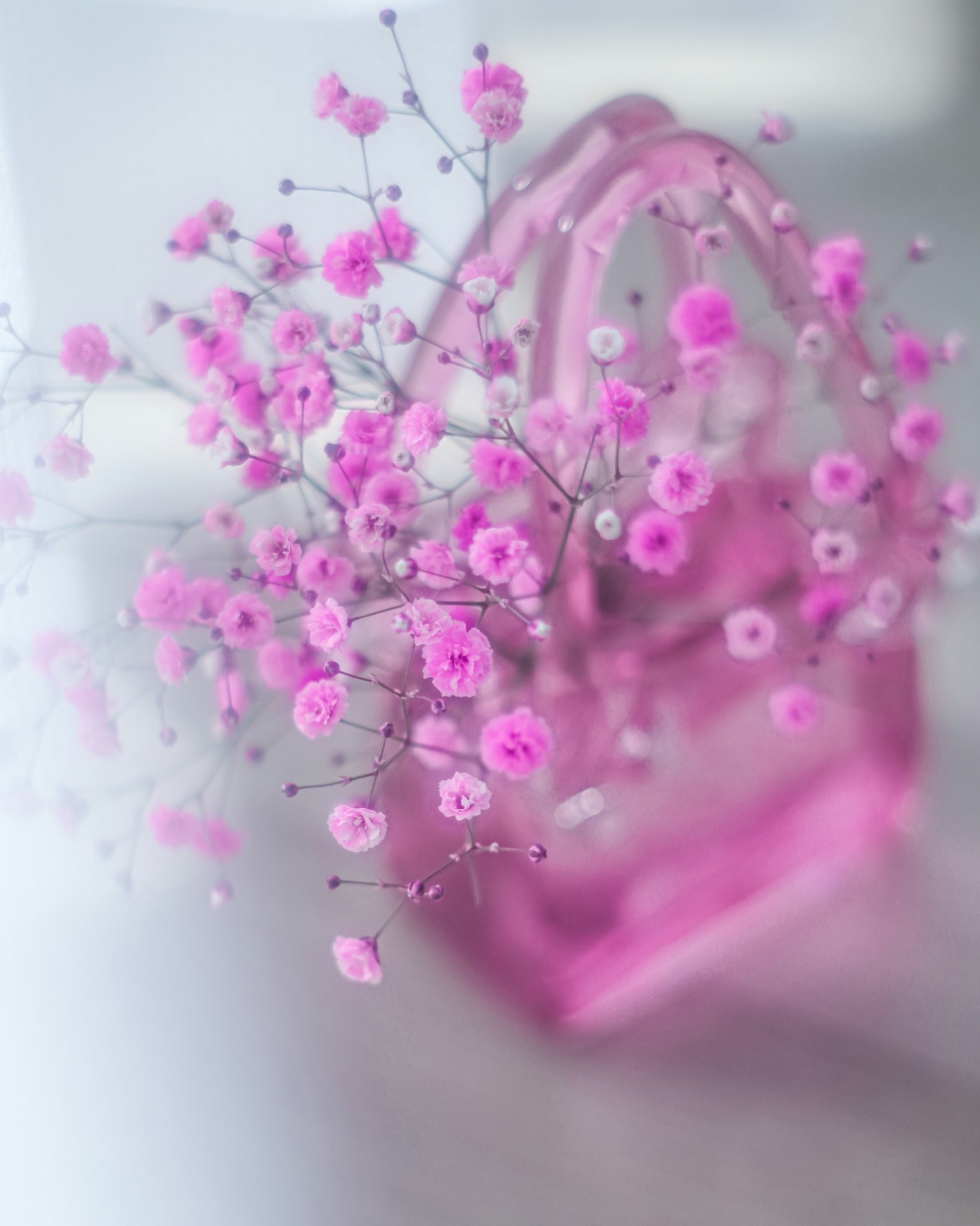 Soft image of a pink handbag adorned with small flowers