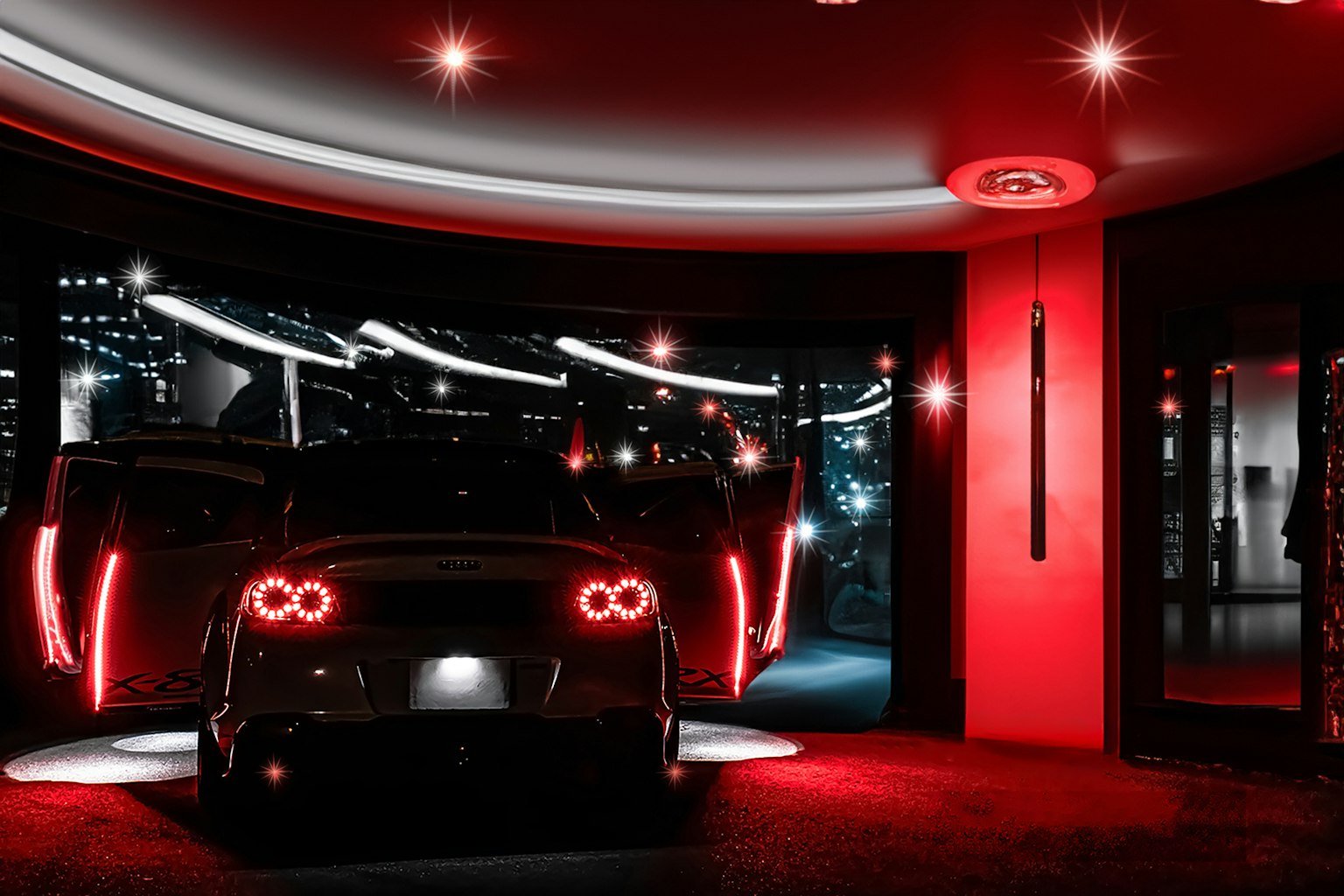 Un coche deportivo iluminado por luces rojas preparándose para salir por puertas de vidrio