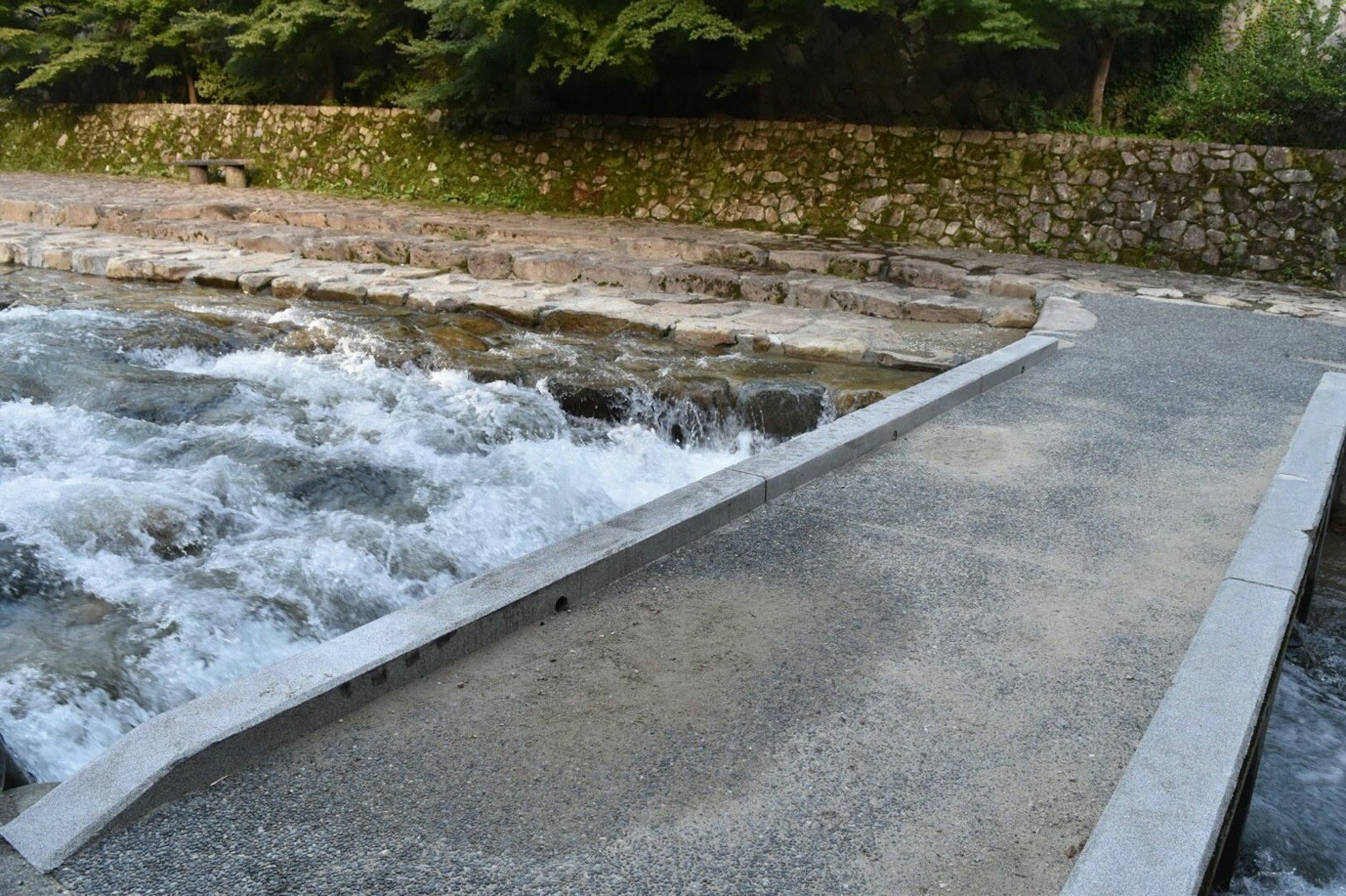 Jalan setapak beton di samping sungai yang mengalir dengan latar belakang hijau