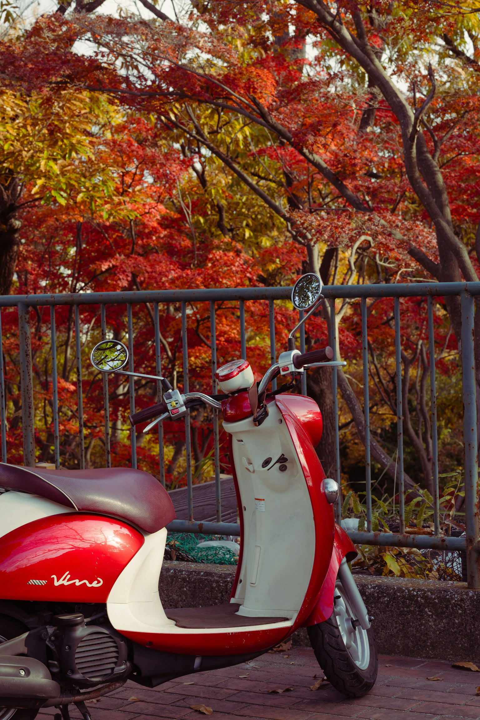 Scooter rosso con sfondo di foglie autunnali