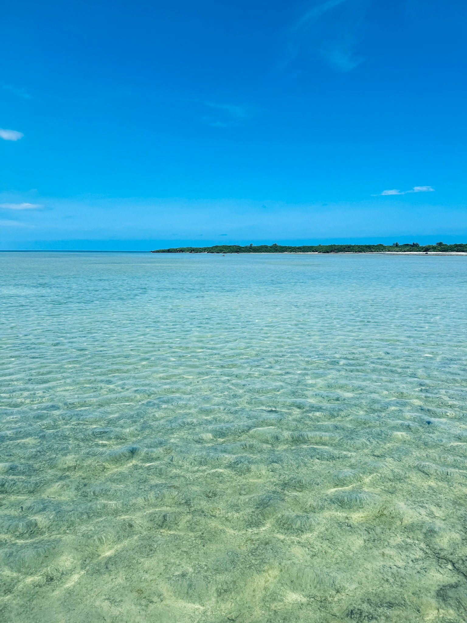 Acqua turchese trasparente con cielo blu brillante e costa lontana