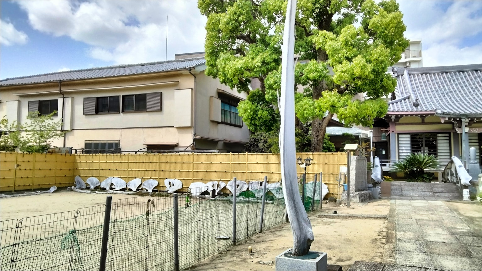 学校操场上的现代雕塑和传统建筑