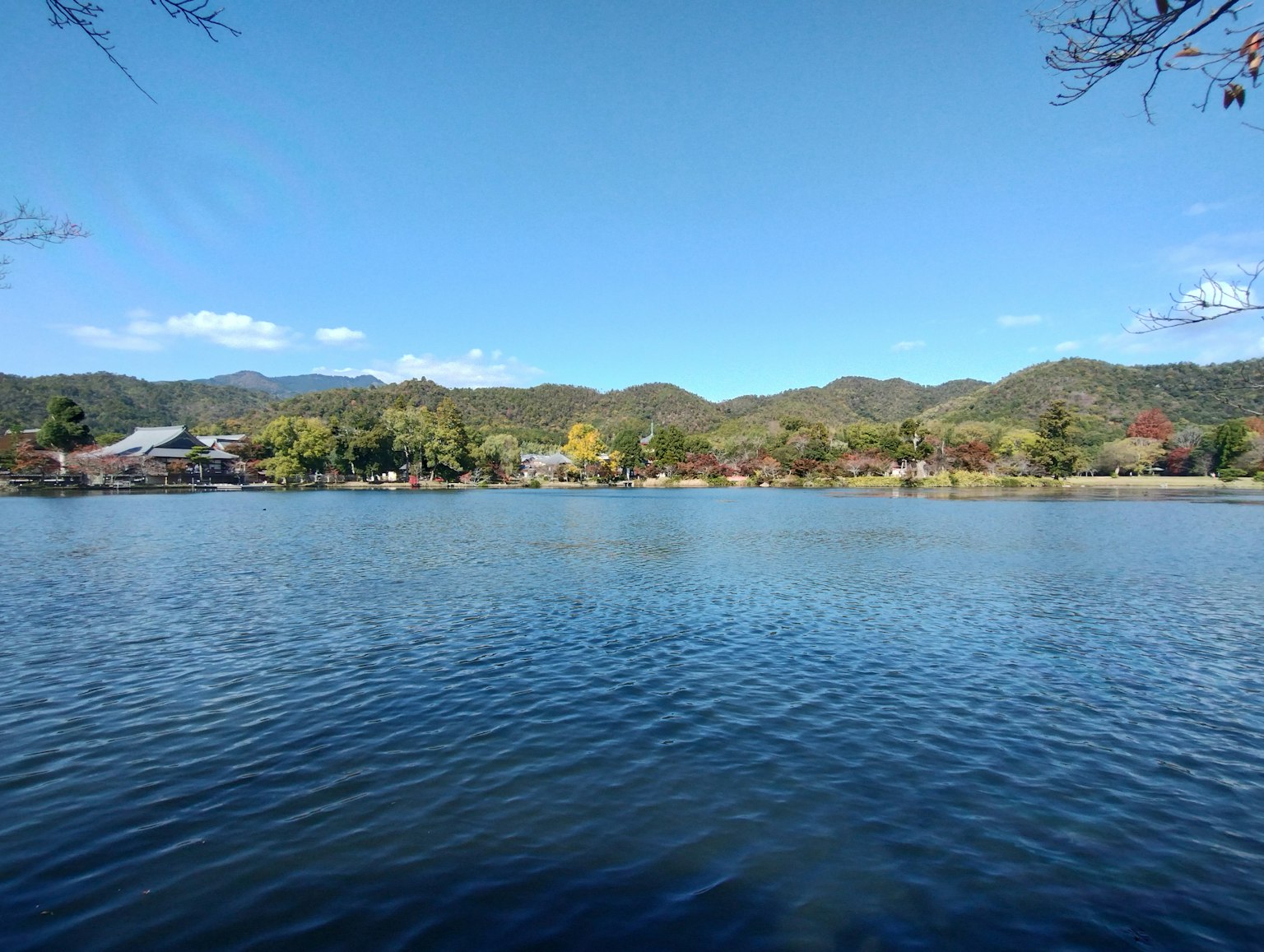 Pemandangan danau yang tenang dengan langit biru cerah dikelilingi oleh pegunungan subur dan dedaunan musim gugur