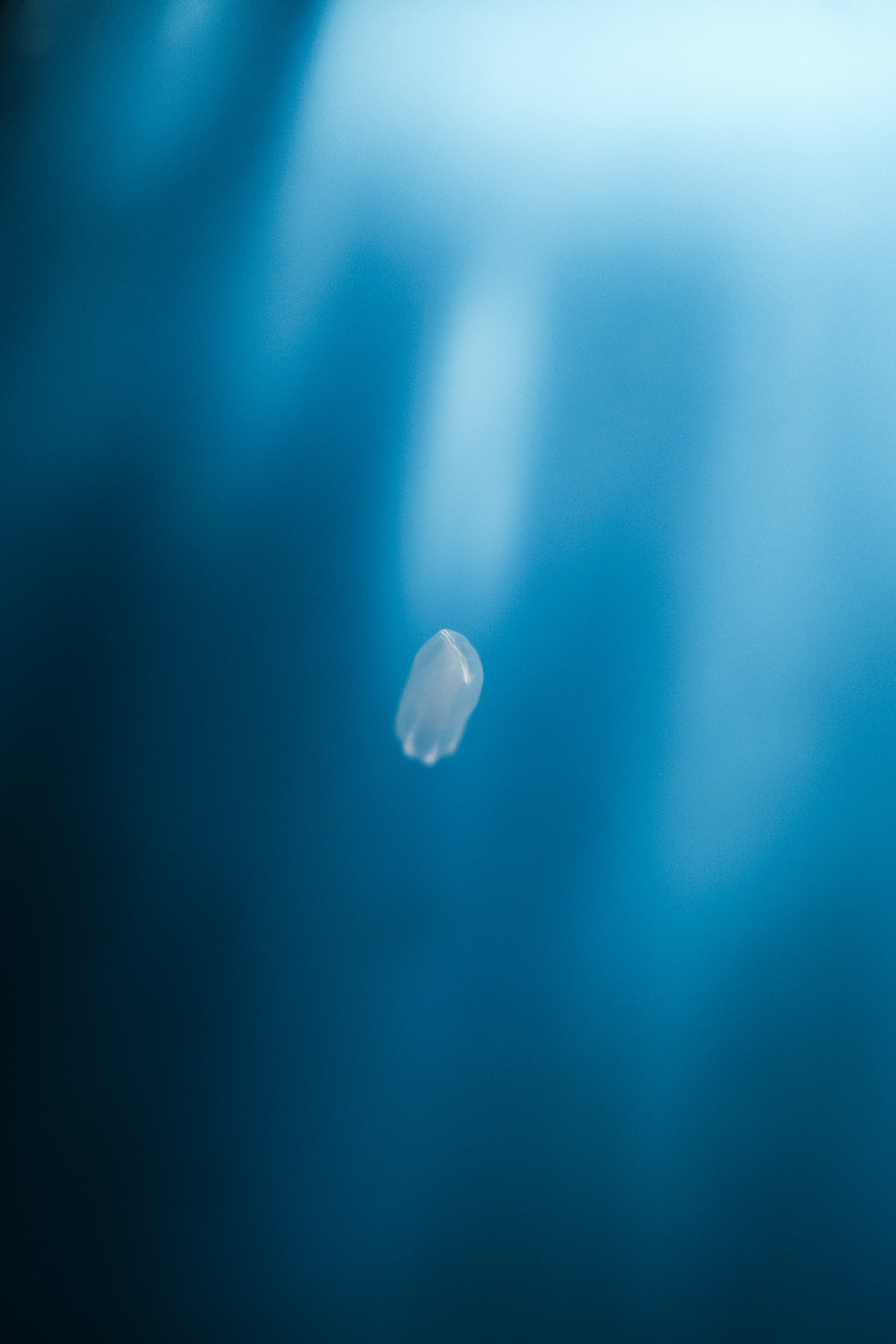 Acercamiento de un objeto transparente flotando sobre un fondo azul