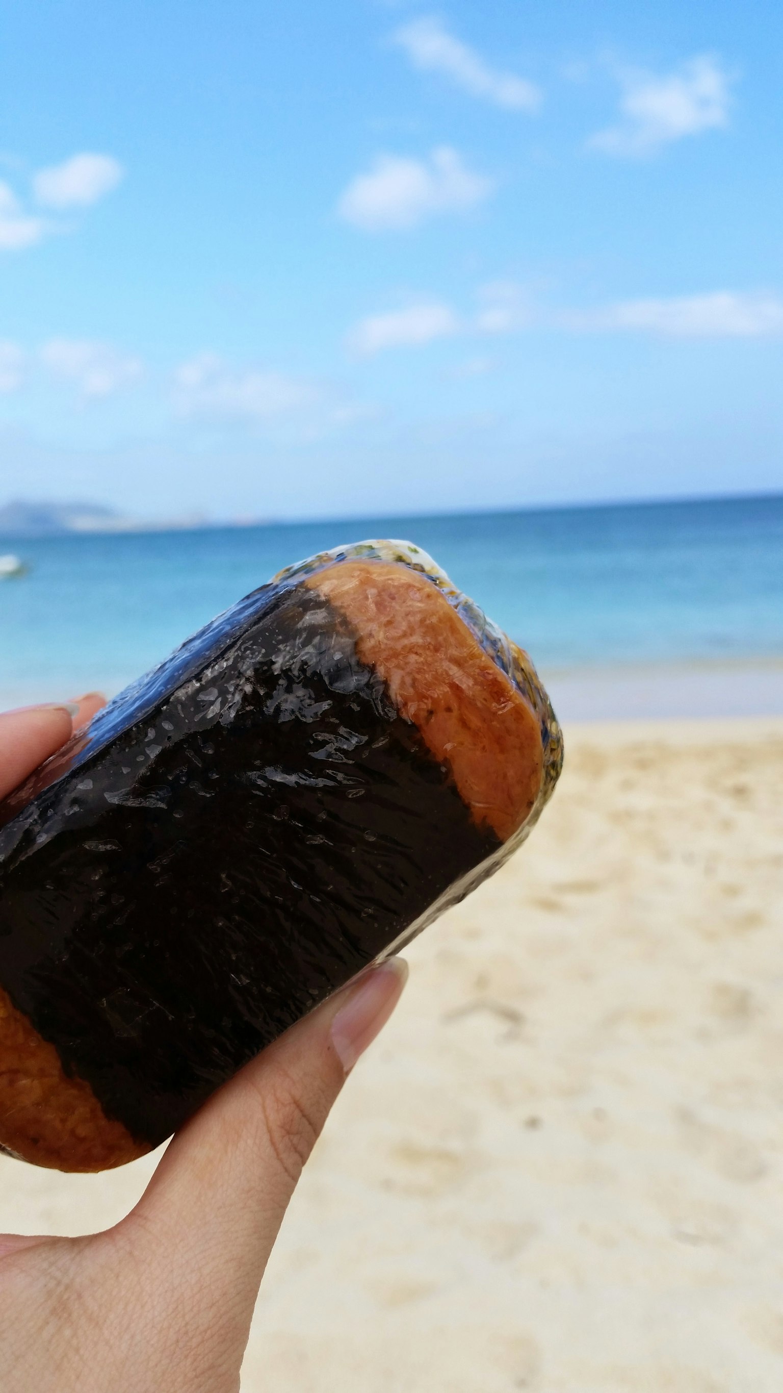 沙滩上手持的饭团