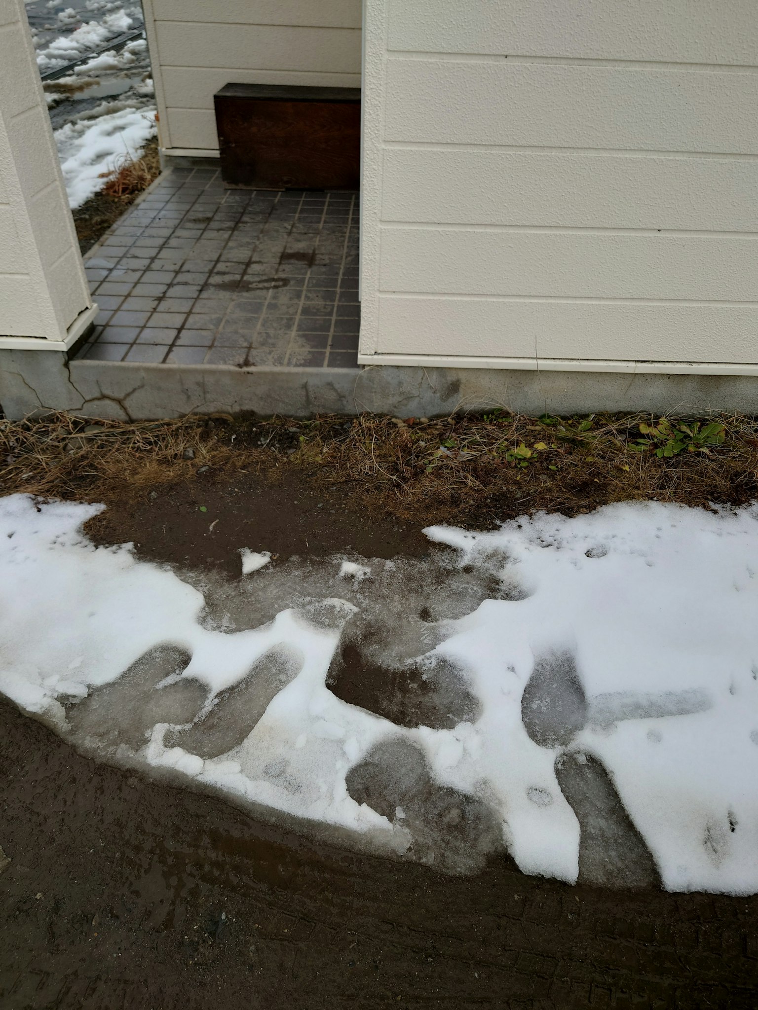Fußabdrücke im Schnee neben einem Schotterweg und einem gefliesten Eingang