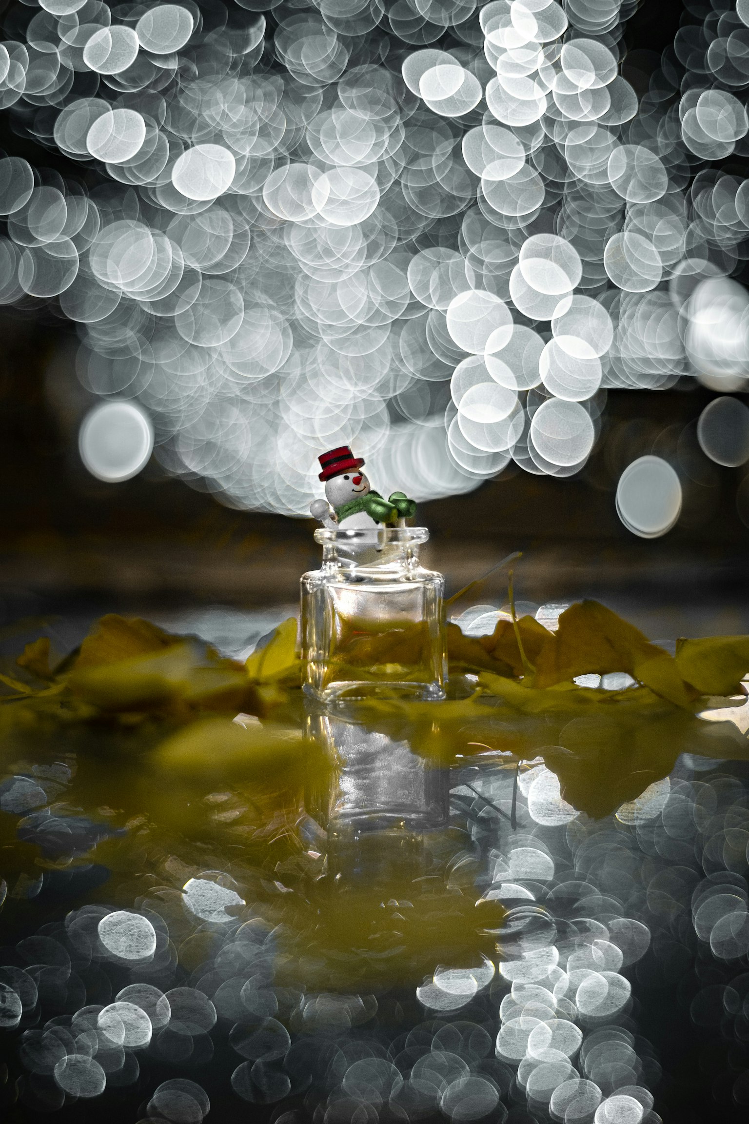 Một chai trong suốt trang trí bằng hoa đỏ và được bao quanh bởi ánh sáng bokeh