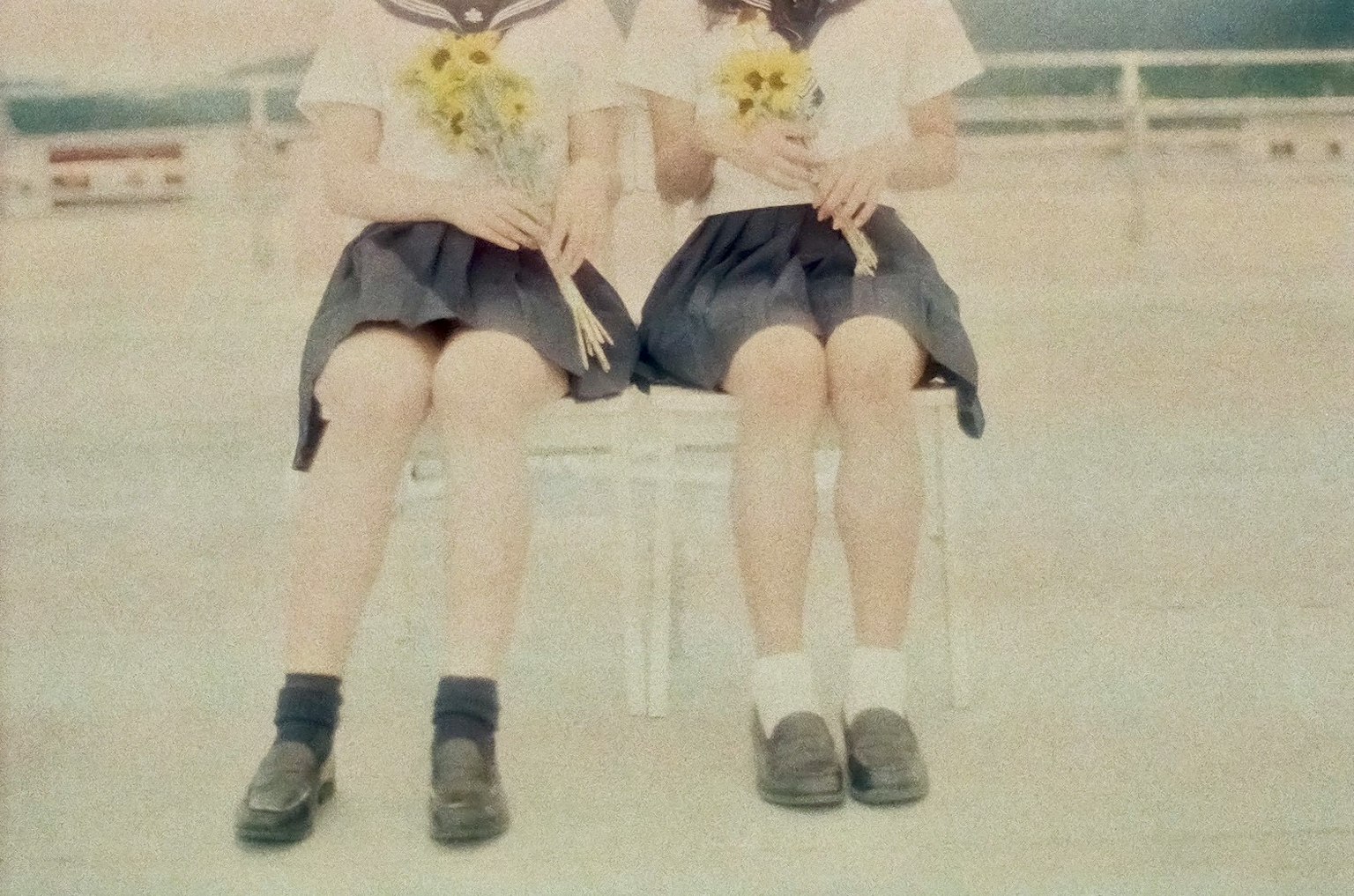 两个女孩坐在椅子上手里拿着向日葵