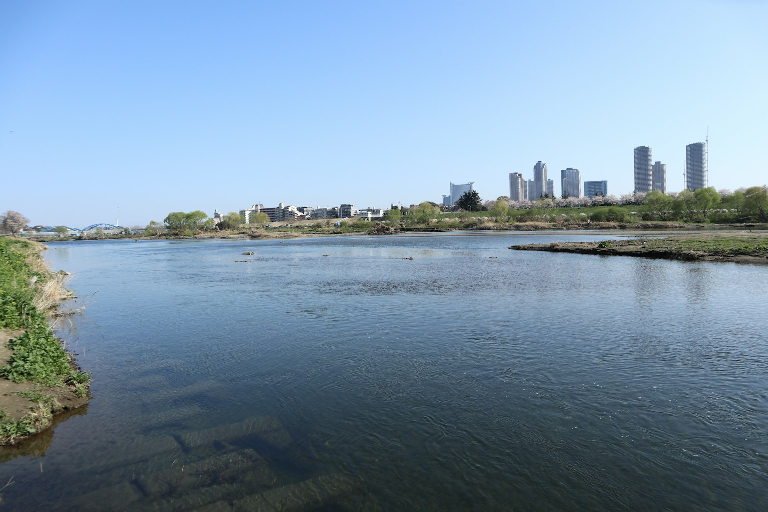 Scenic view of a river with a city skyline under a clear blue sky