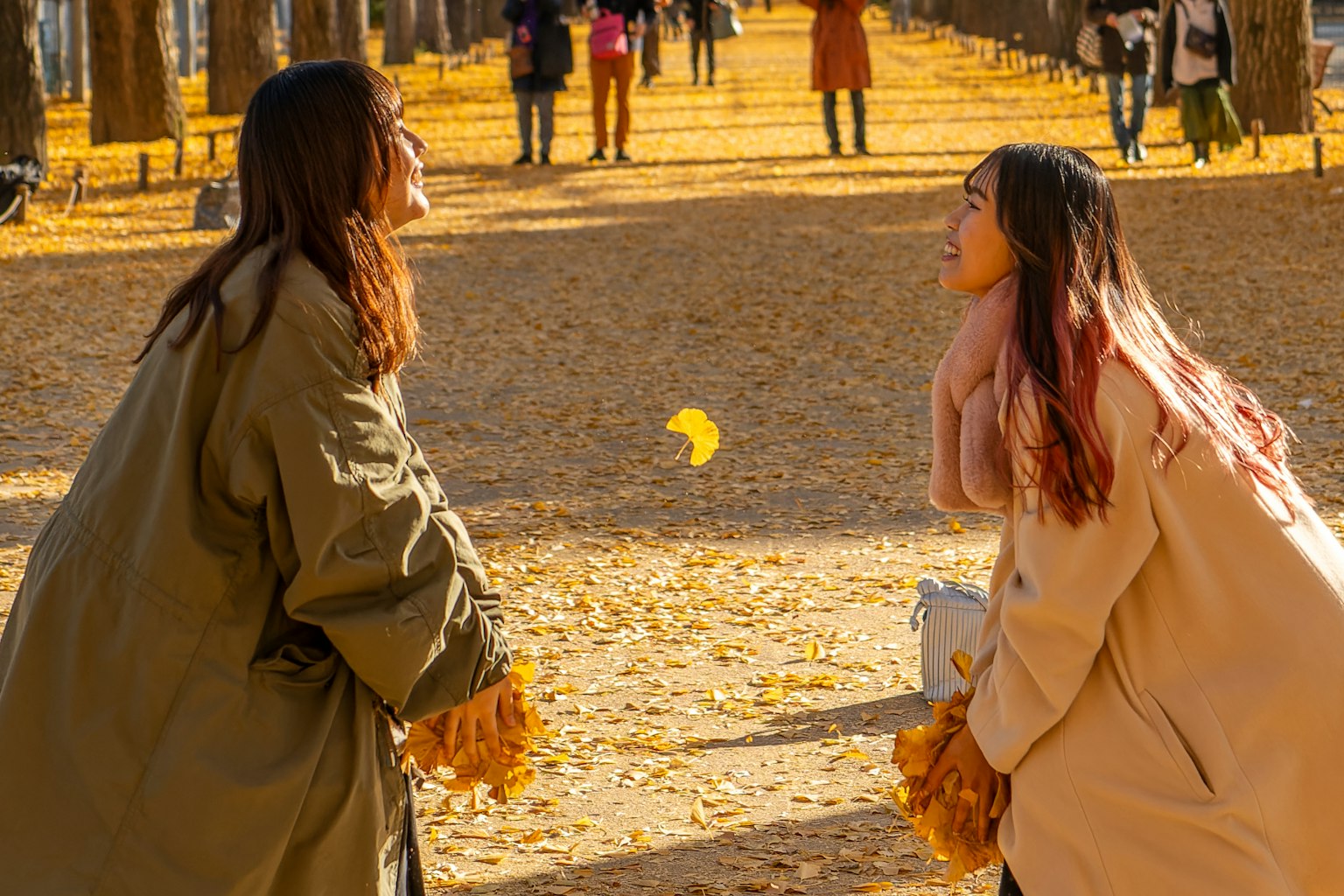 Zwei Frauen lachen in einem Herbstpark umgeben von gelben Blättern