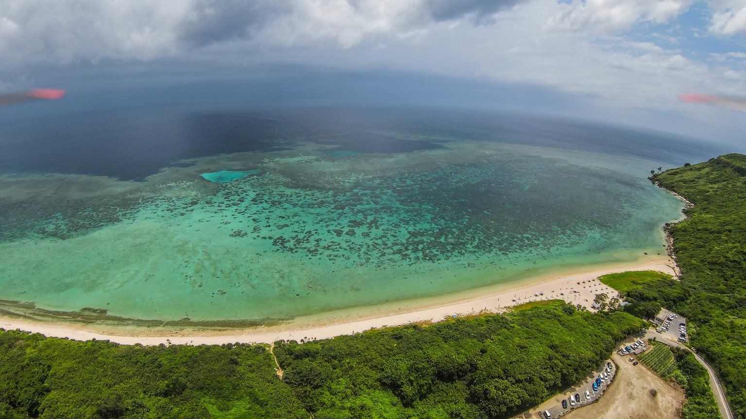 Vista aerea di un mare turchese e di una spiaggia di sabbia circondata da vegetazione