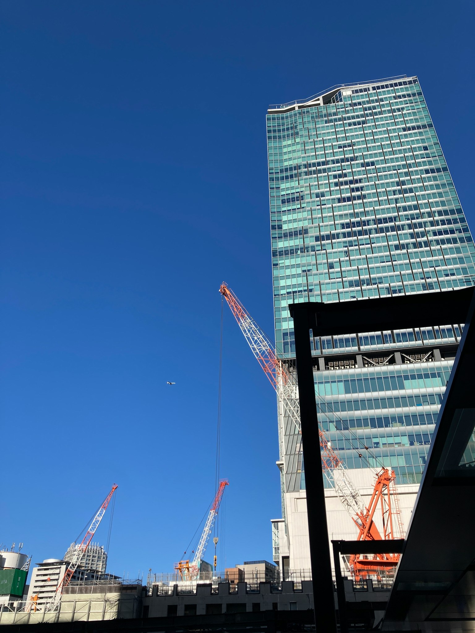 藍天下高聳的摩天大樓和施工起重機