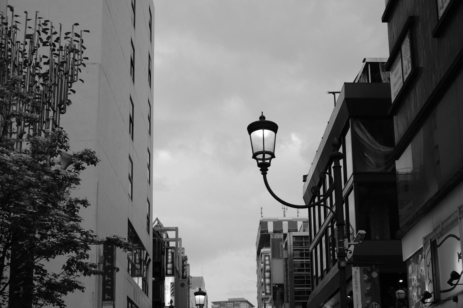 黑白街景，特色復古路燈和現代建築