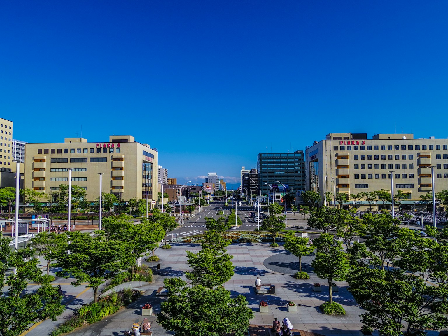 Un parco con edifici moderni sotto un cielo blu chiaro