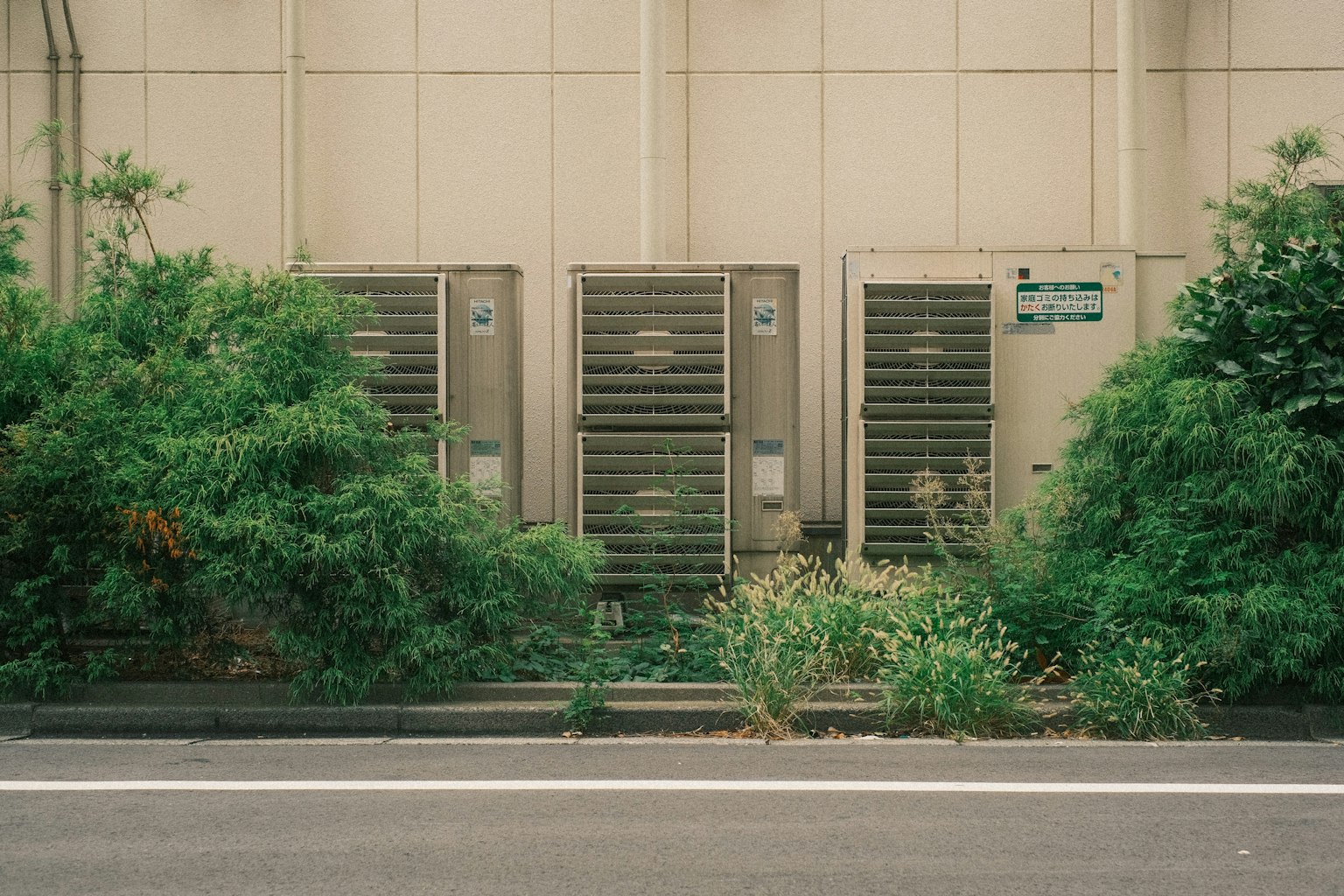 Unità di climatizzazione contro un edificio con piante verdi lussureggianti
