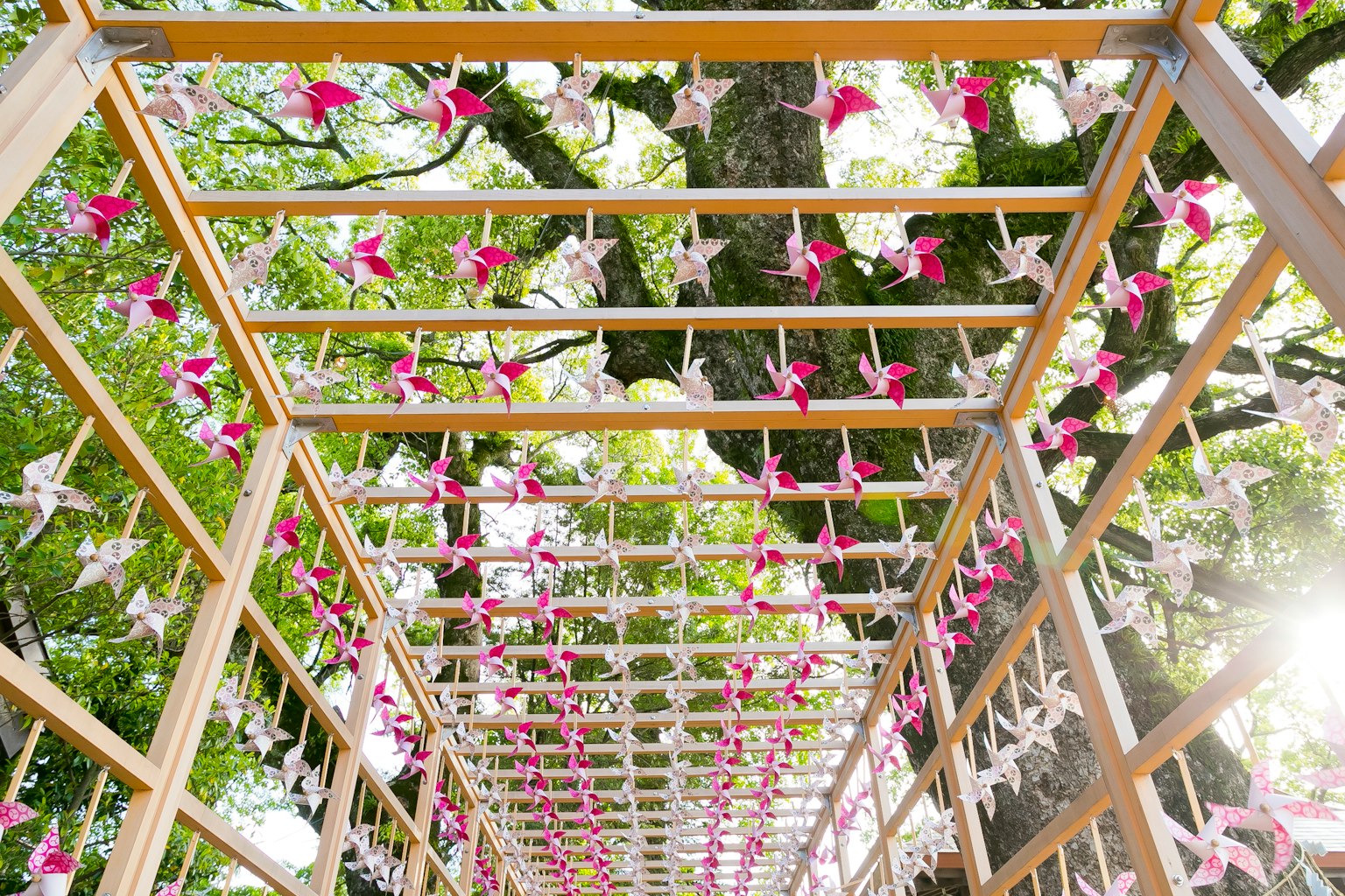 Una vista de una estructura de madera adornada con flores rosas
