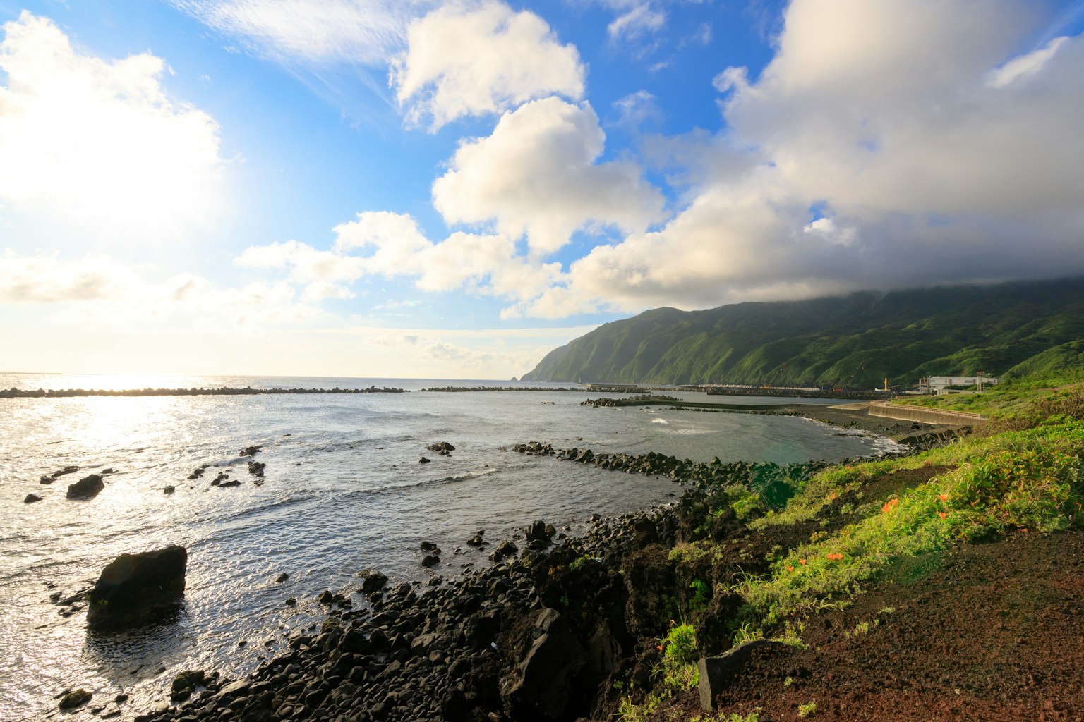 美丽的海岸风景 蓝天和云朵 岩石海岸和绿色草地