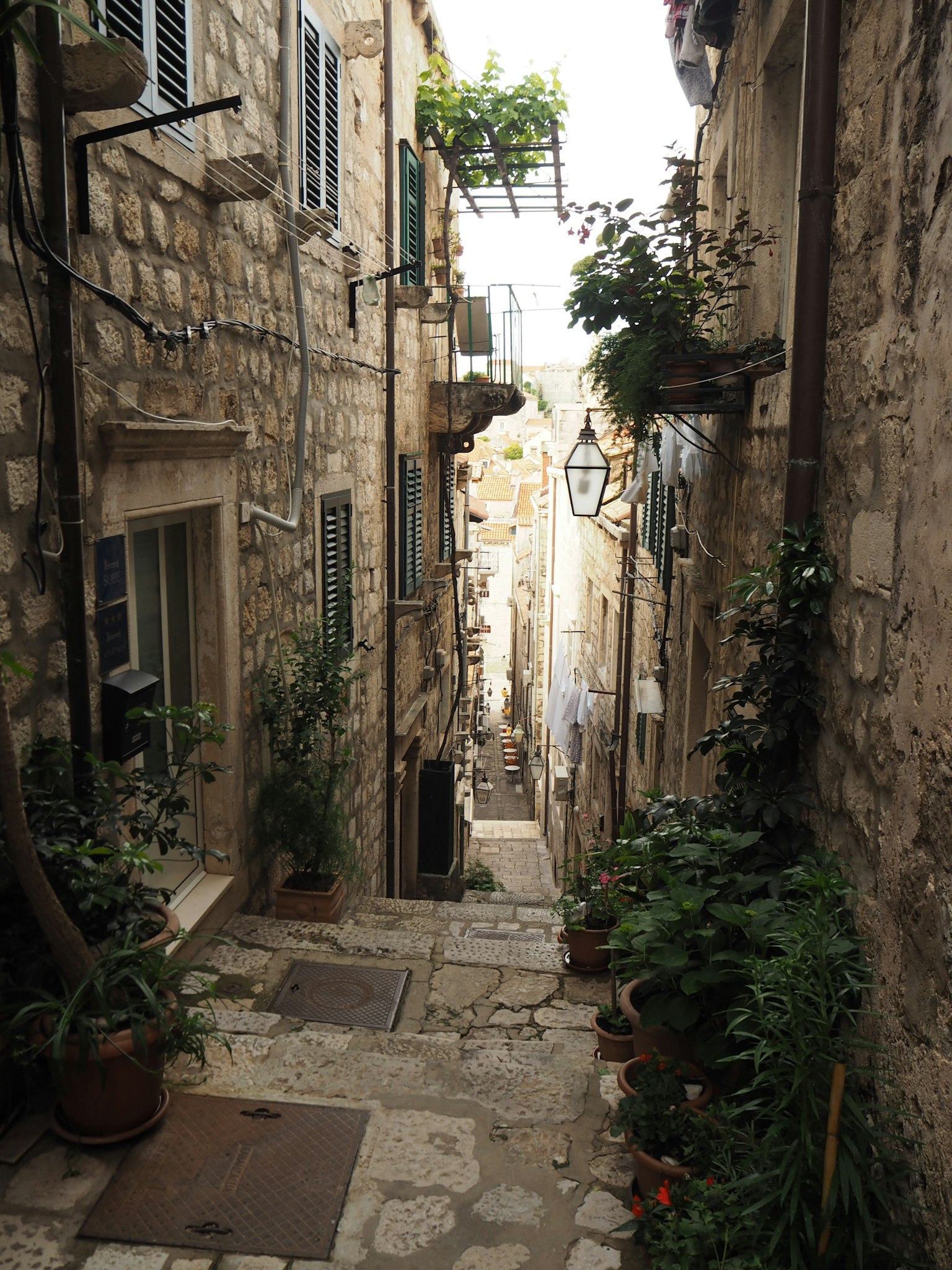 Narrow stone alleyway lined with potted plants and old buildings