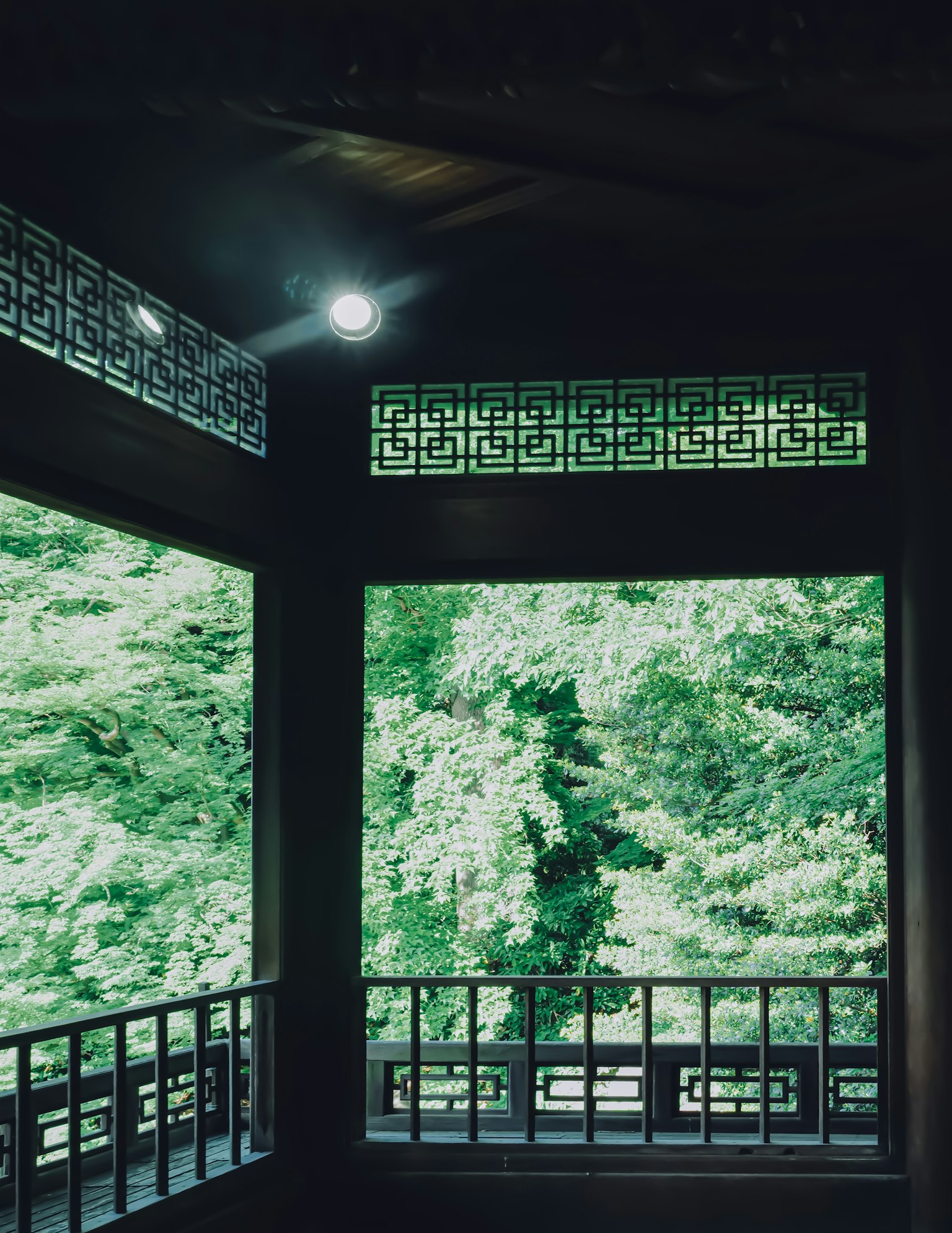 Interior with wooden windows showcasing a lush green view