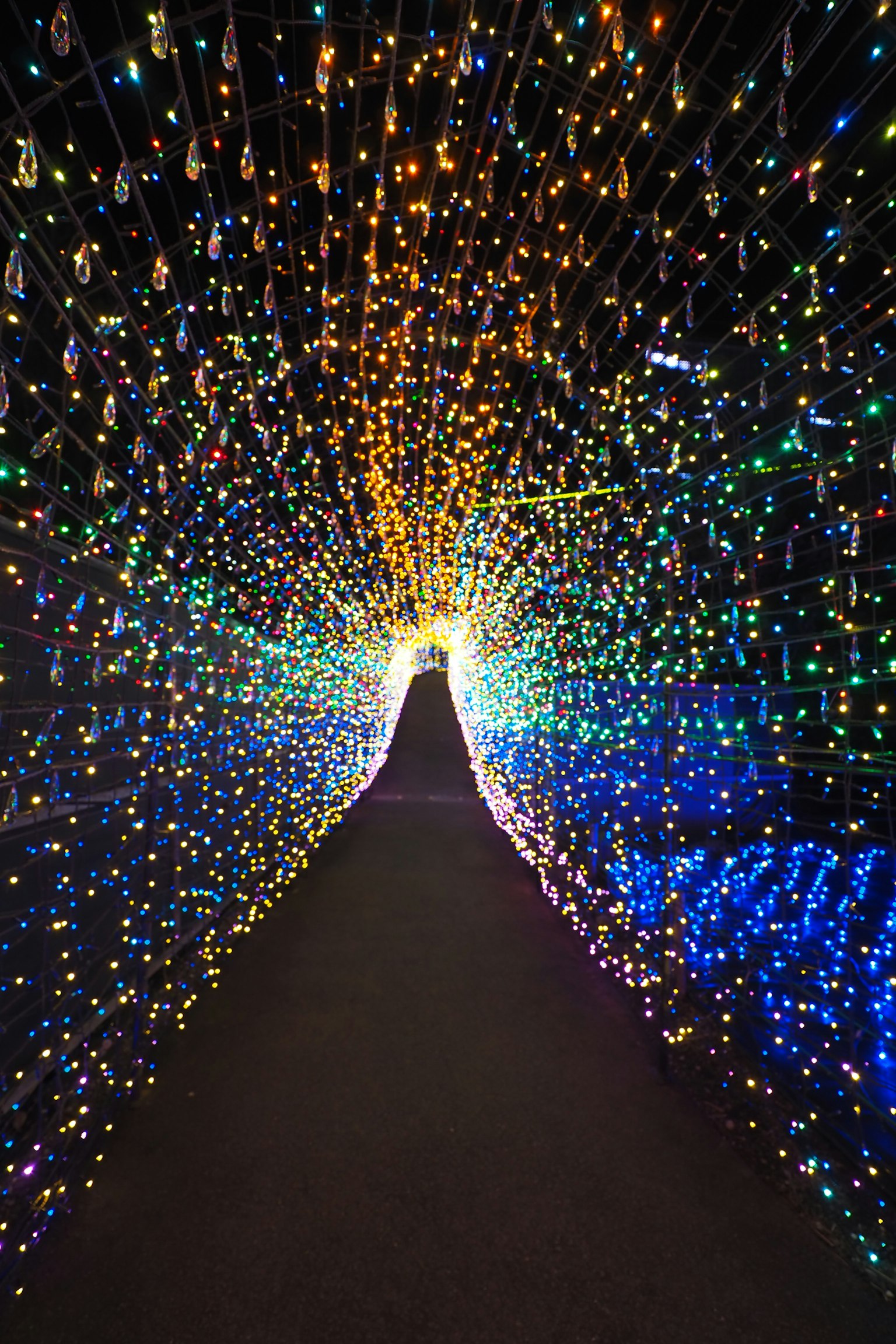 Tunnel lumineux coloré menant à un chemin