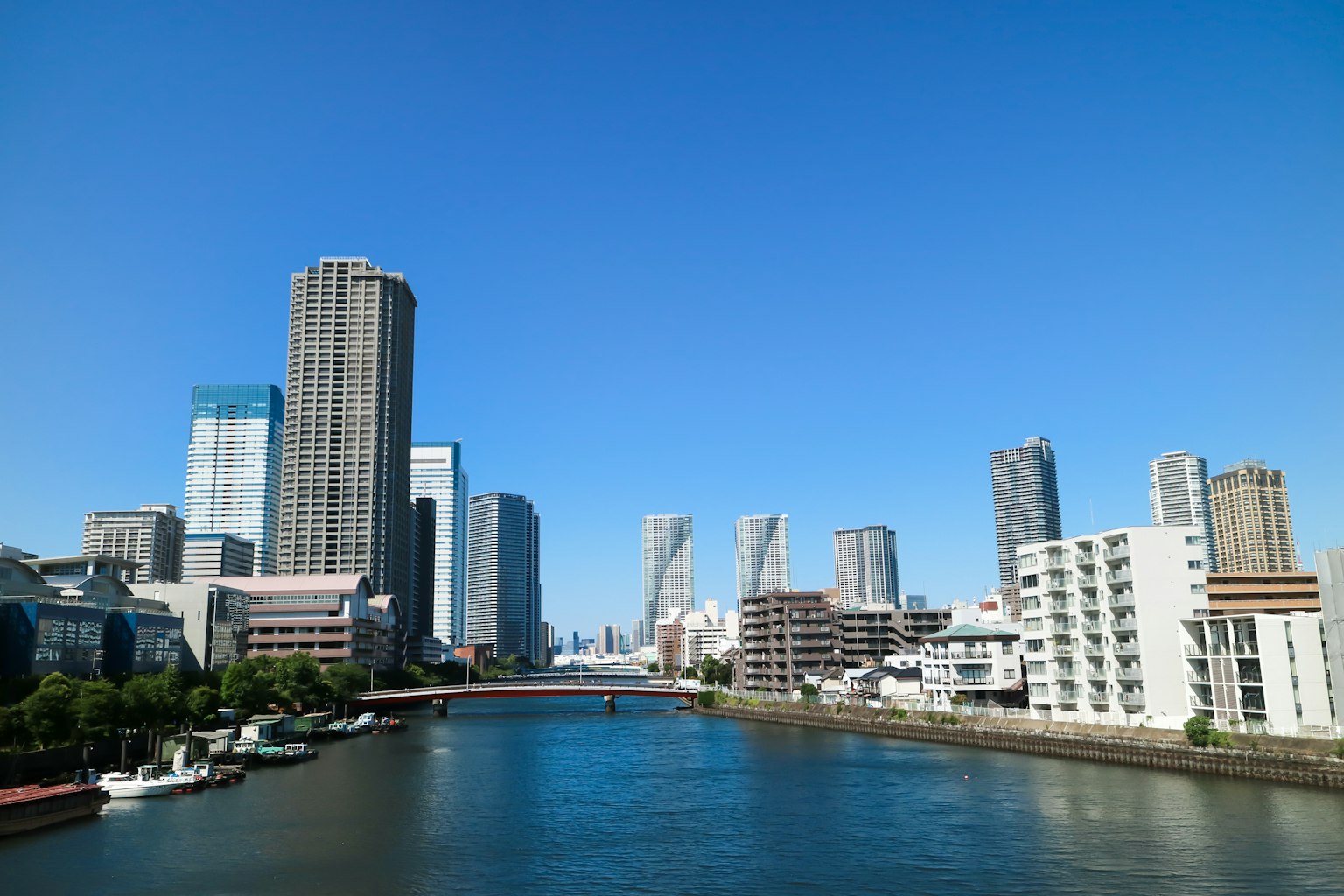 在晴朗藍天下的城市景觀，有摩天大樓和一條河流
