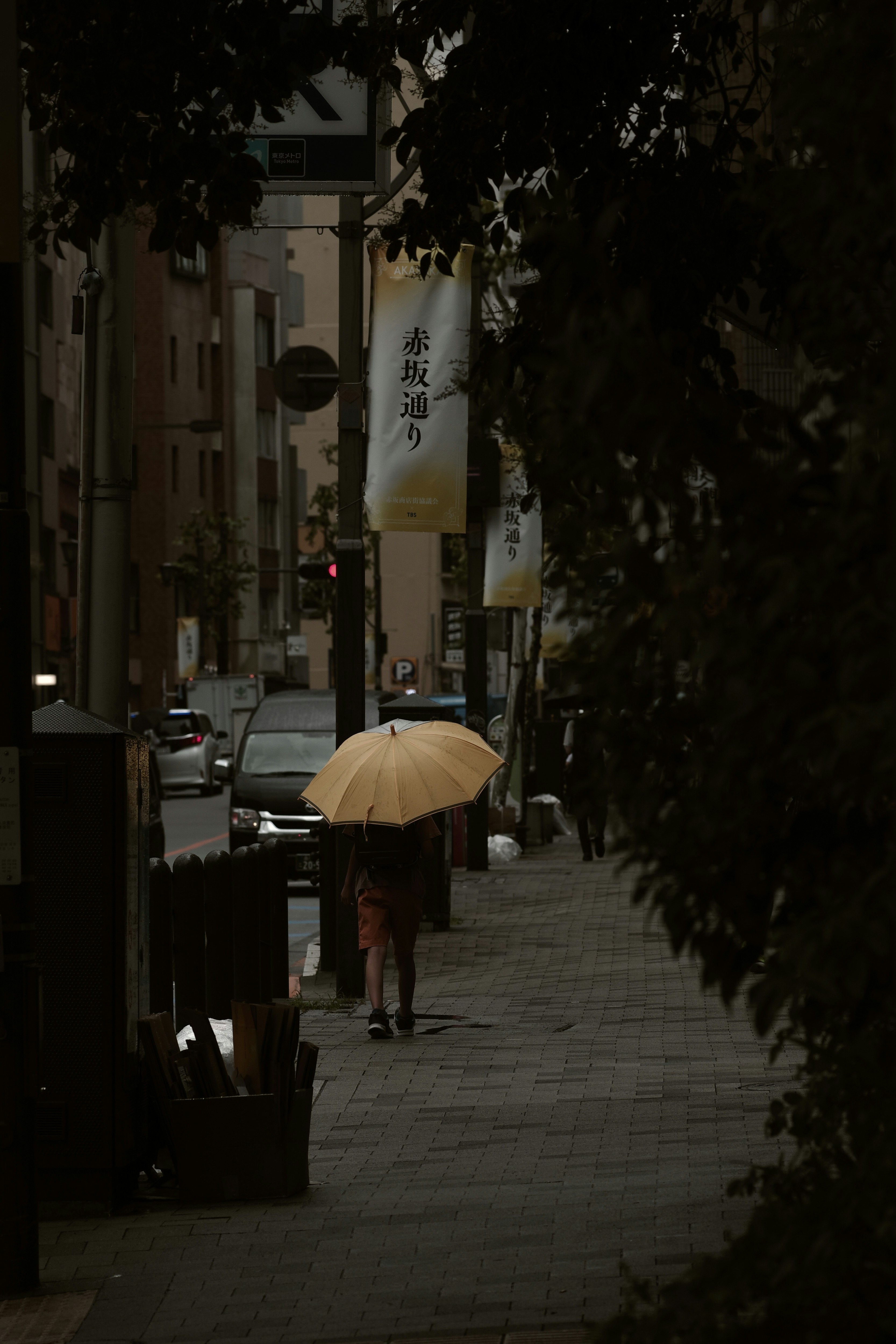 赤坂通り小巷里撑着黄色雨伞的人背影