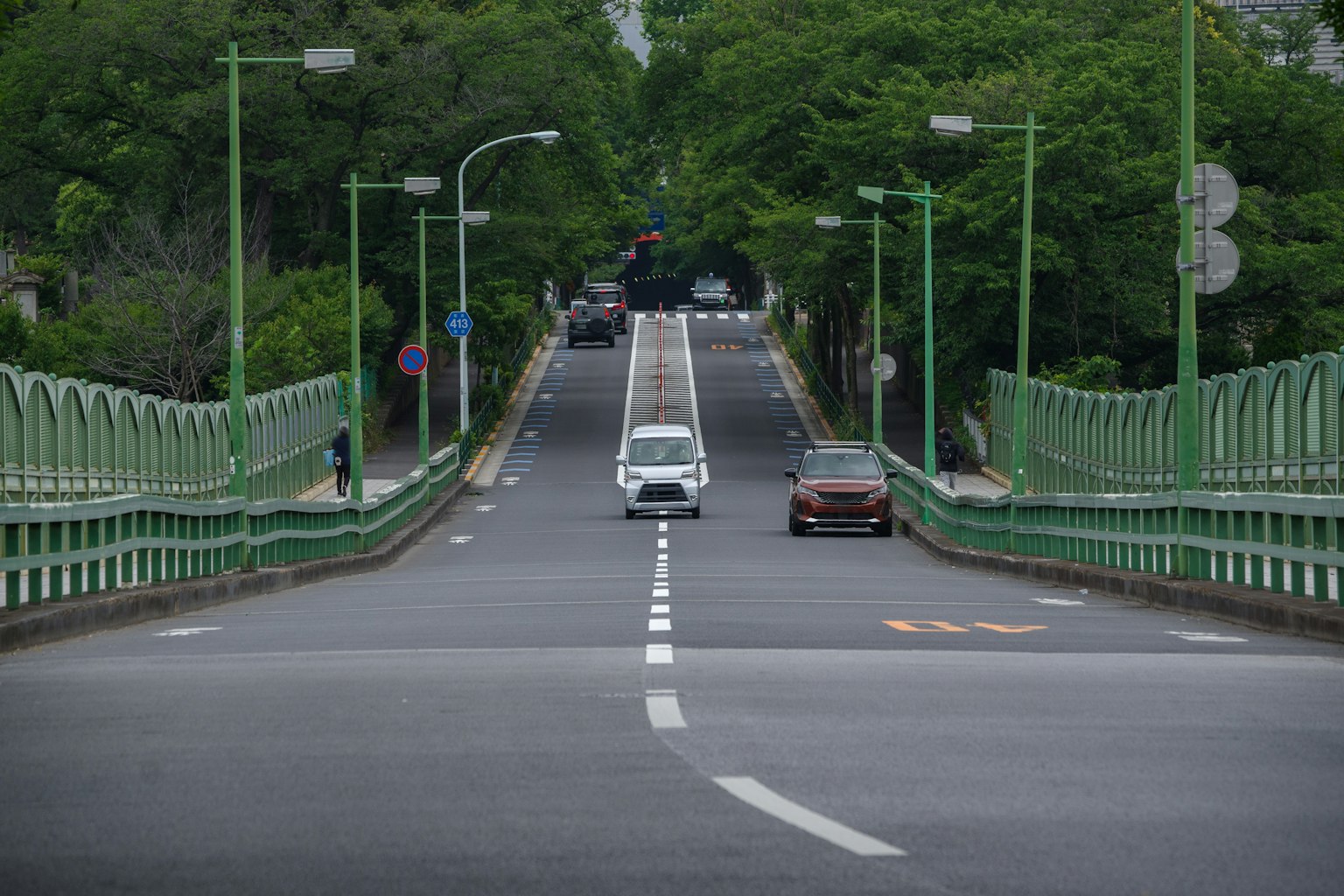 Une vue d'un pont vert avec des voitures sur la route