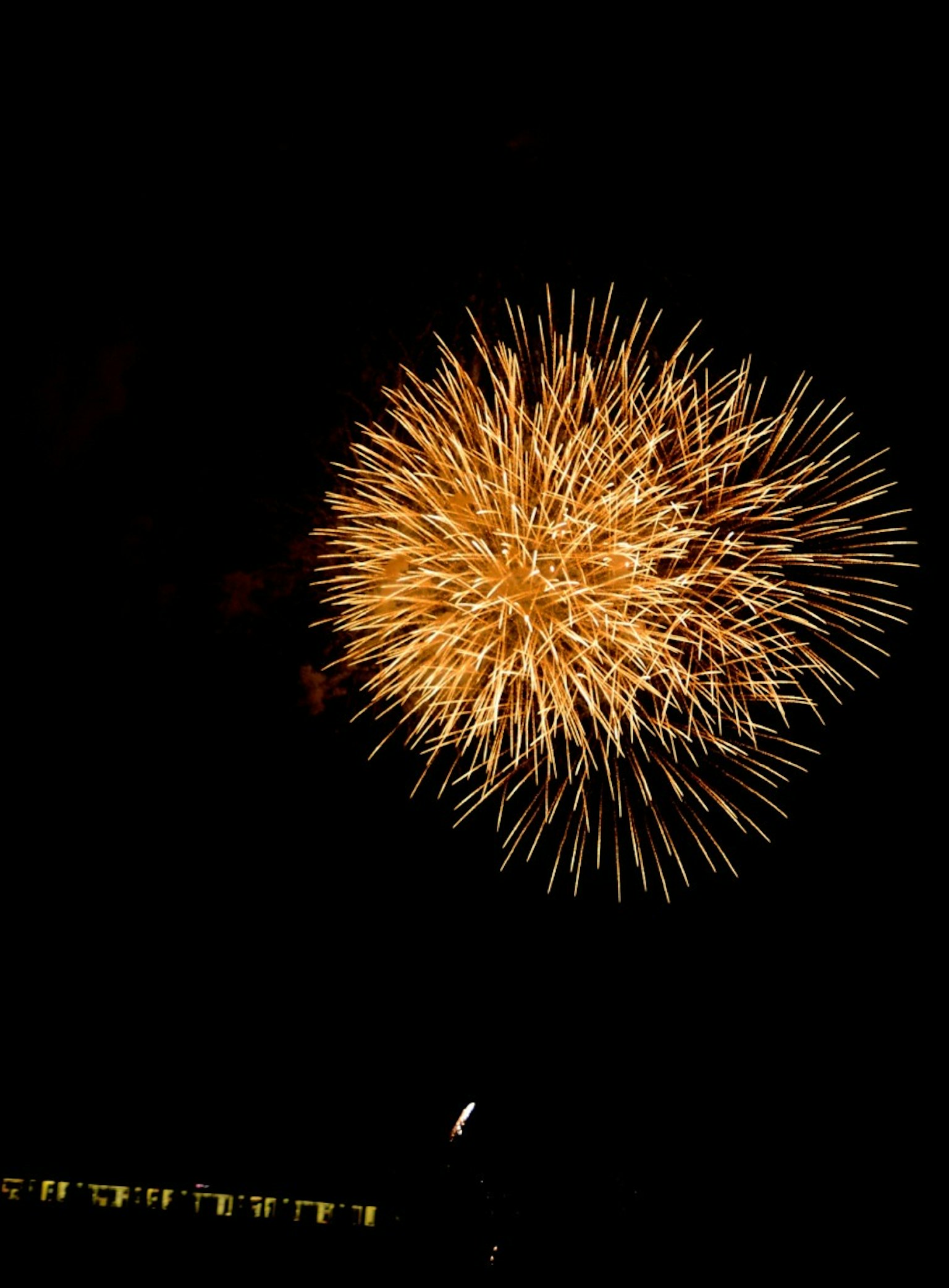 Firework bursting into a star shape against a black background