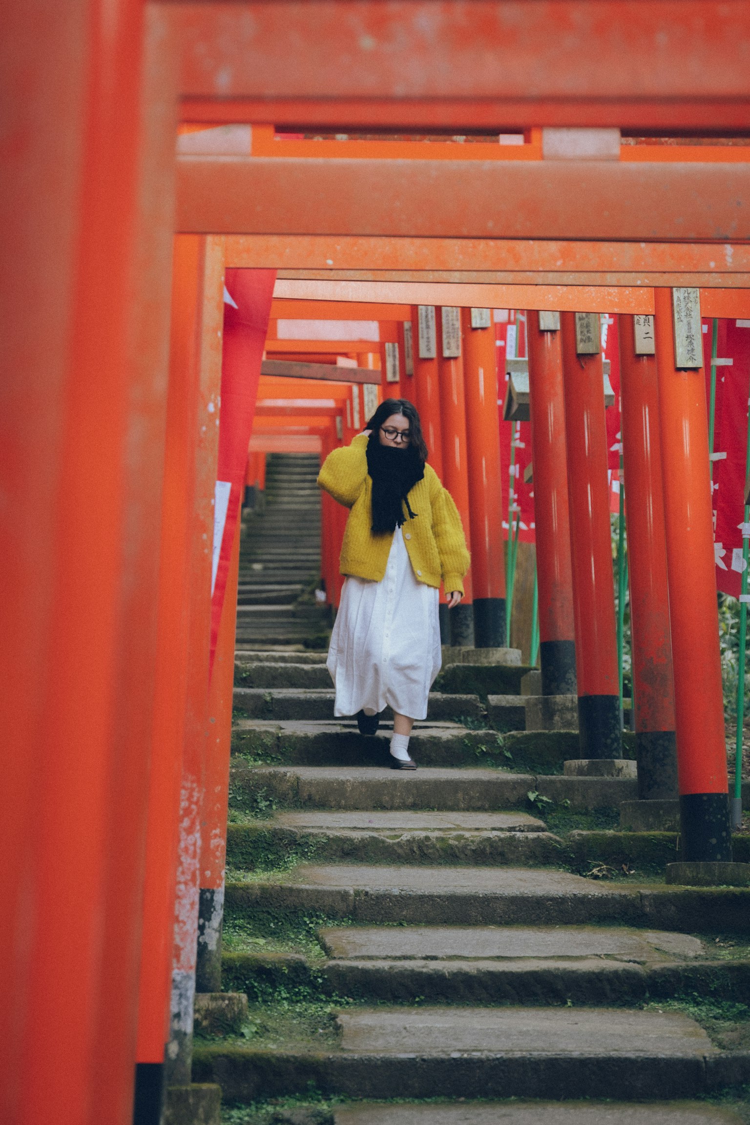 赤い鳥居の間を歩く女性の後ろ姿と石の階段