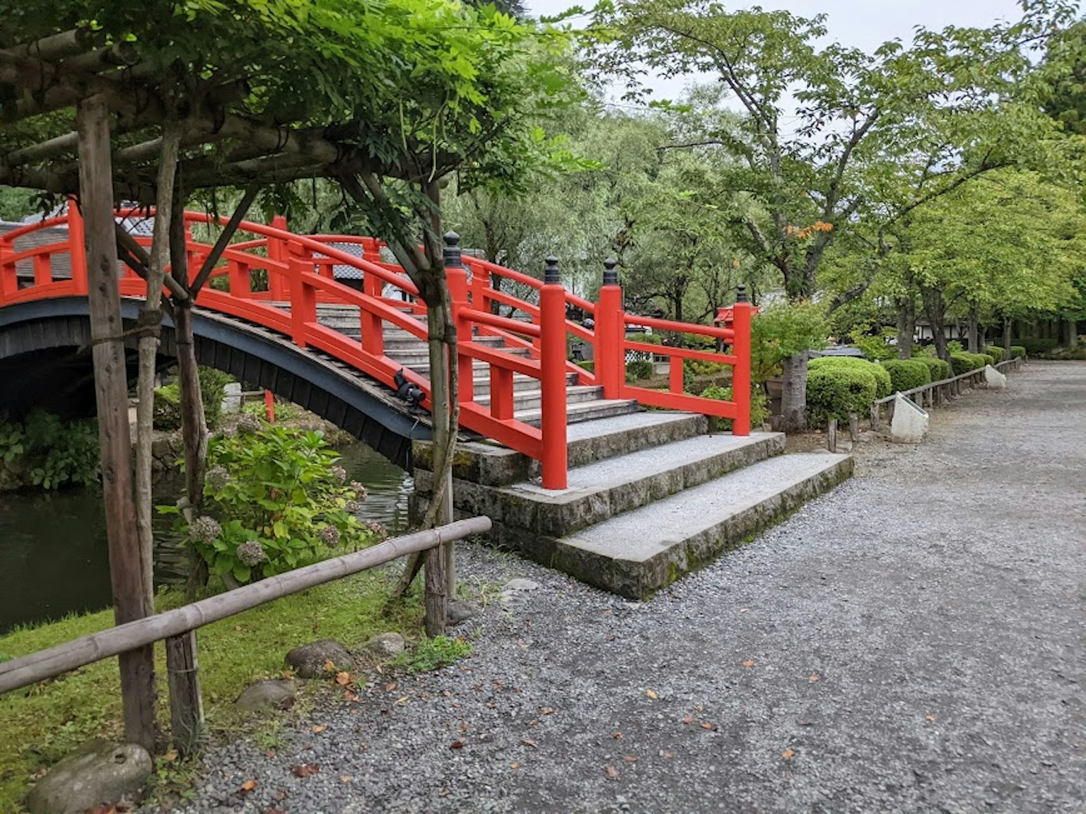 公園中紅橋與綠樹的美麗景色