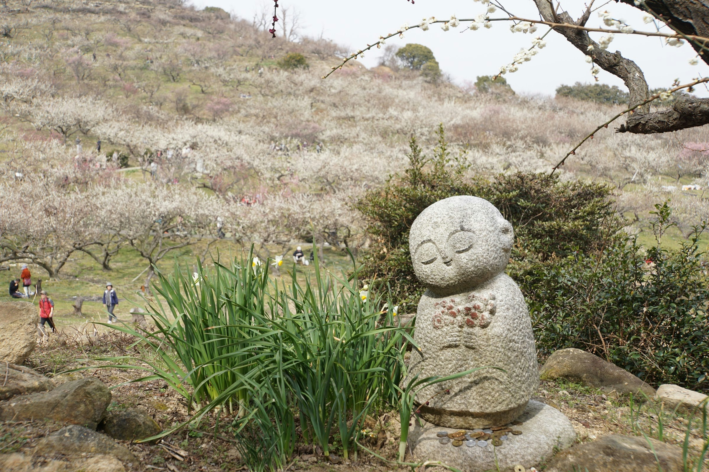 石の子ども像と花が咲く丘の庭園の風景