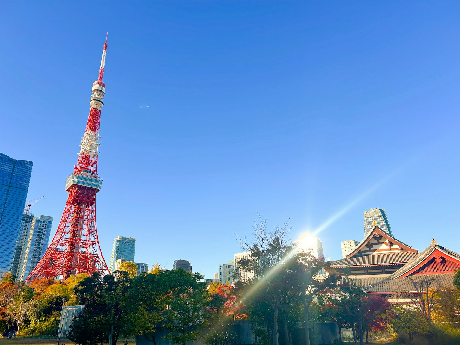 Torre di Tokyo e edificio tradizionale in un parco soleggiato